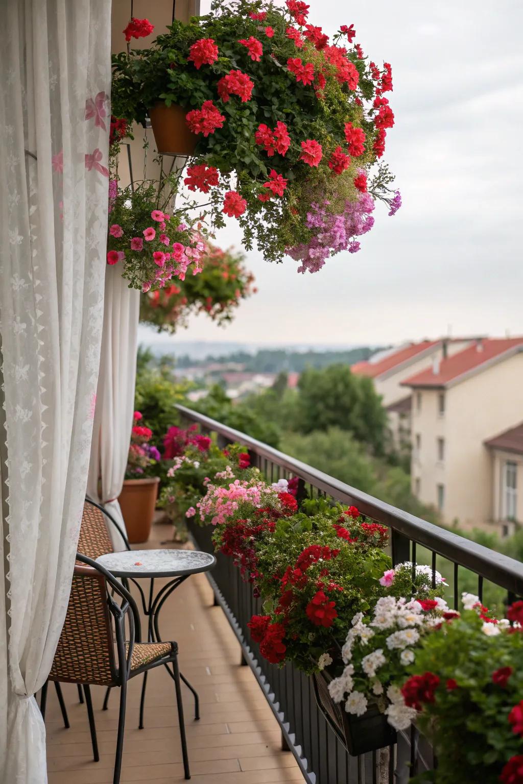 A lively geranium screen creates a private haven.