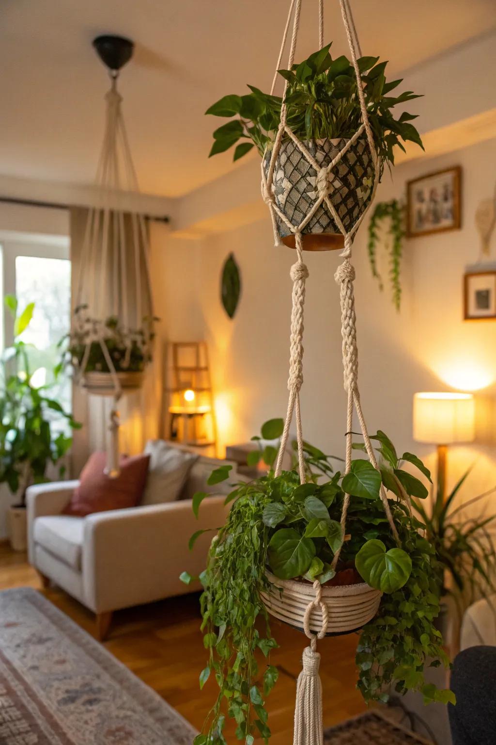Infuse bohemian elegance with macramé plant holders.