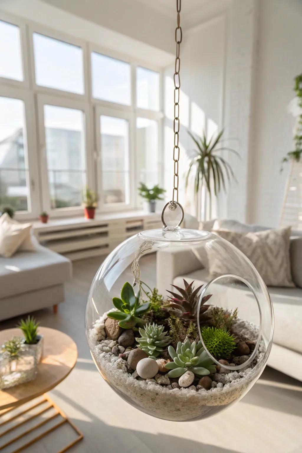 A quintessential orb terrarium showcasing succulents, bringing a hint of verdant sophistication.