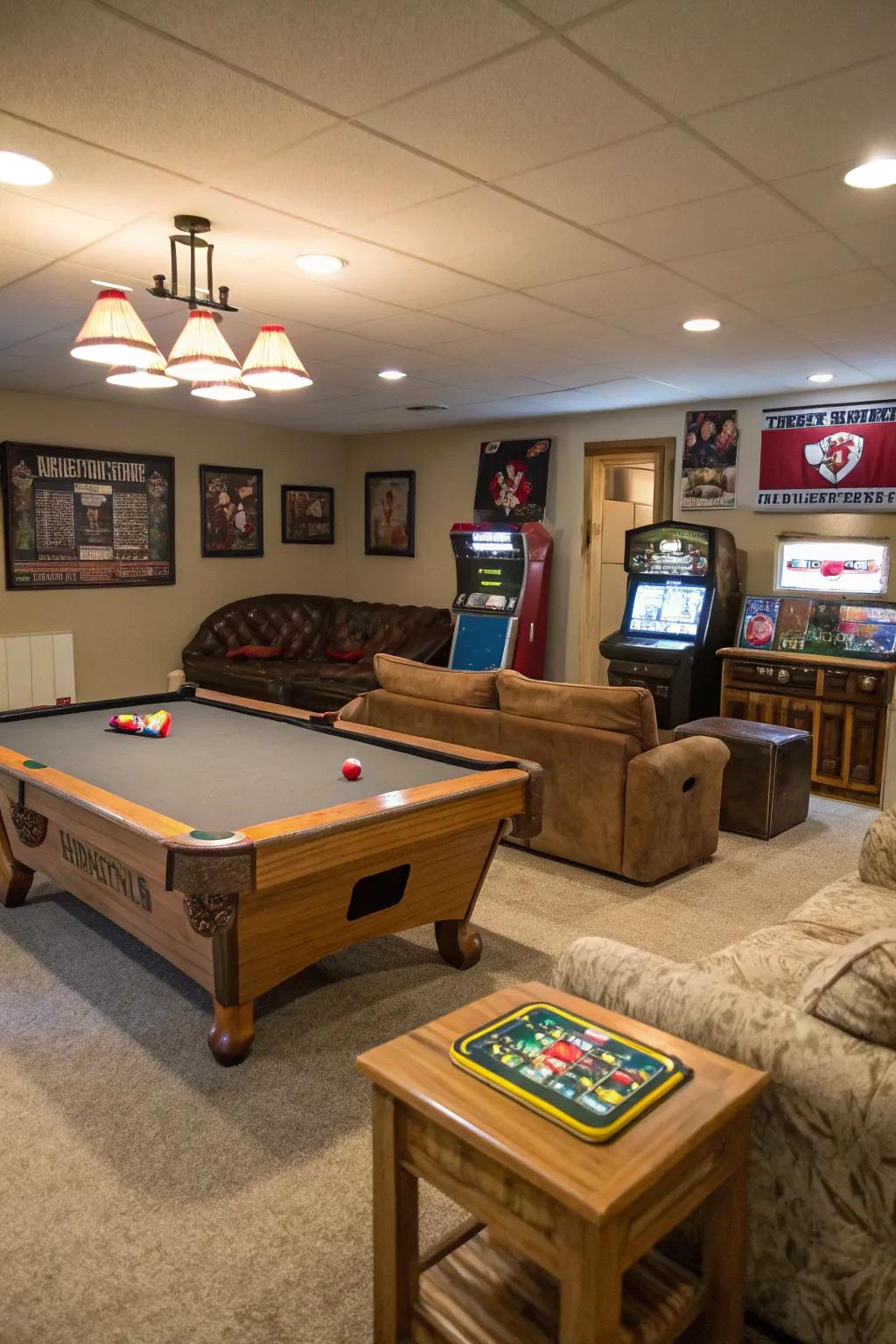 Design an amazing game room in your basement with classic games and comfortable seating.