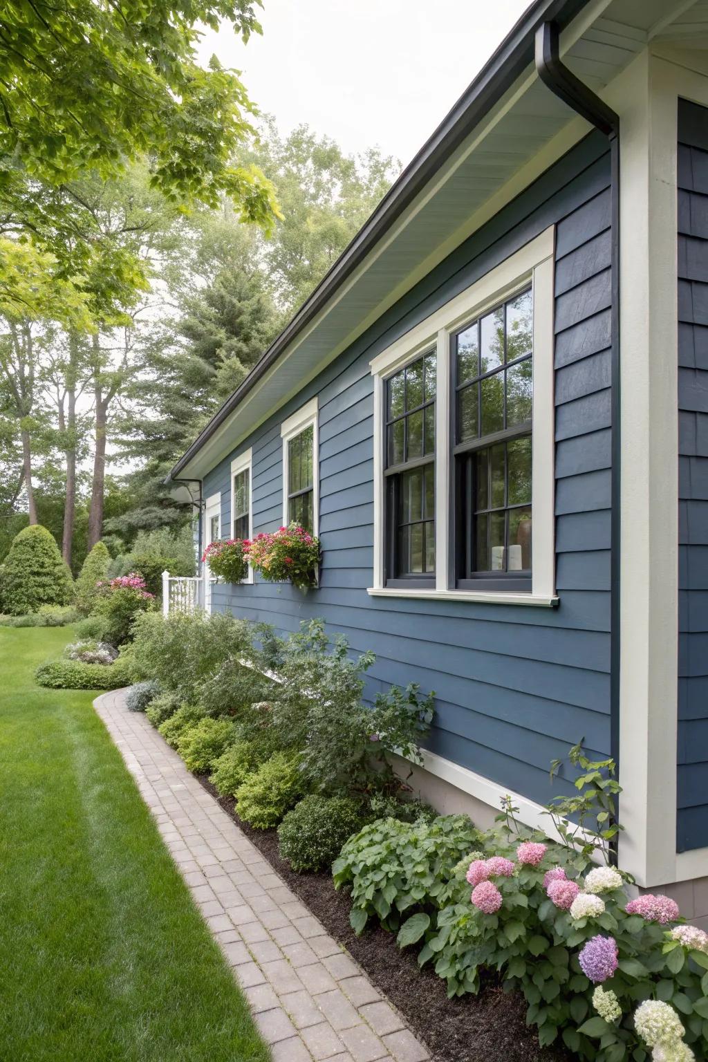 Striking deep blue trims create a bold contrast against pale gray siding.