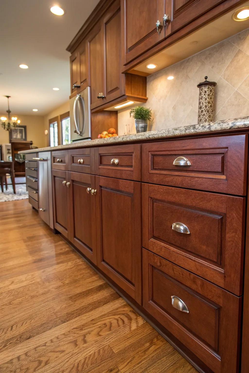 Classic brushed nickel knobs provide ageless sophistication.