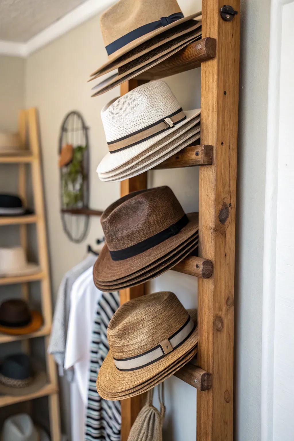 Upright timber organizers present a countryside-inspired and orderly method for exhibiting your hats.