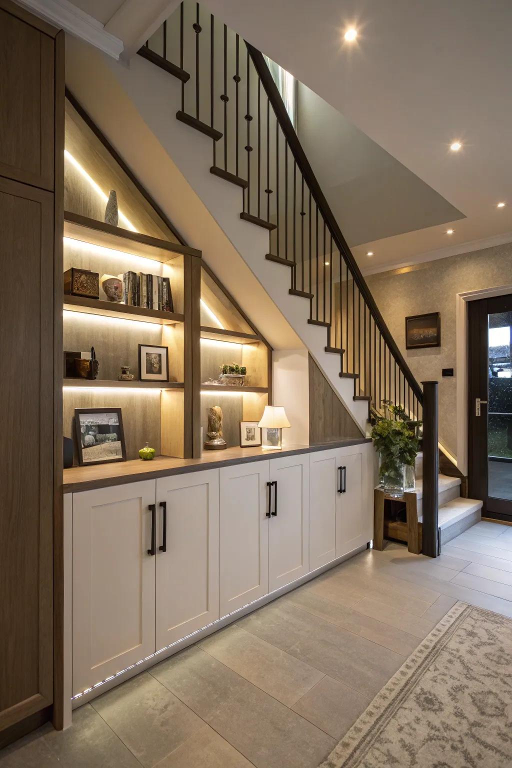 Bespoke shelving crafted beneath the staircase, fashioning an elegant concealed bar.