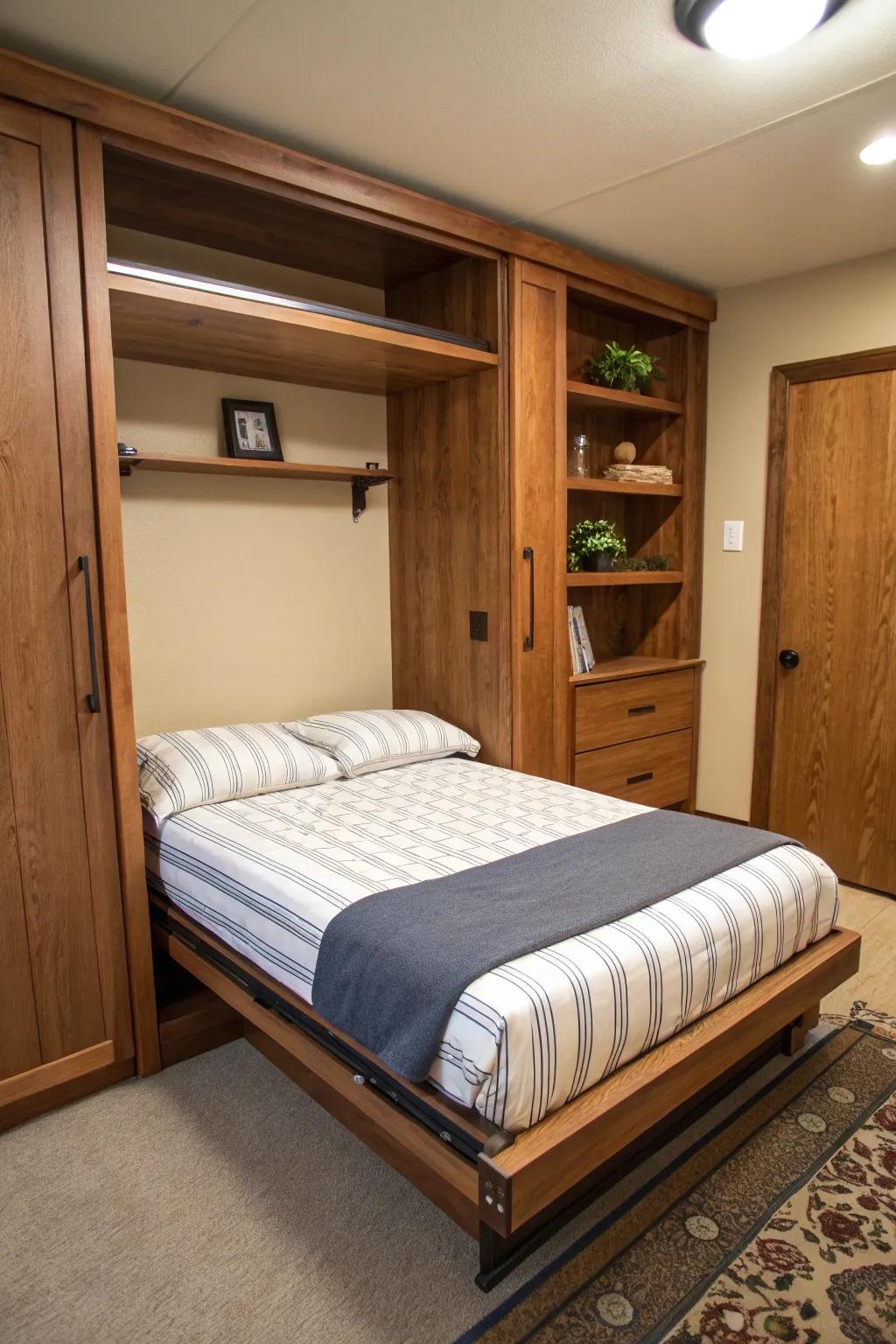 Classic folding bed neatly tucked into a stylish wall unit