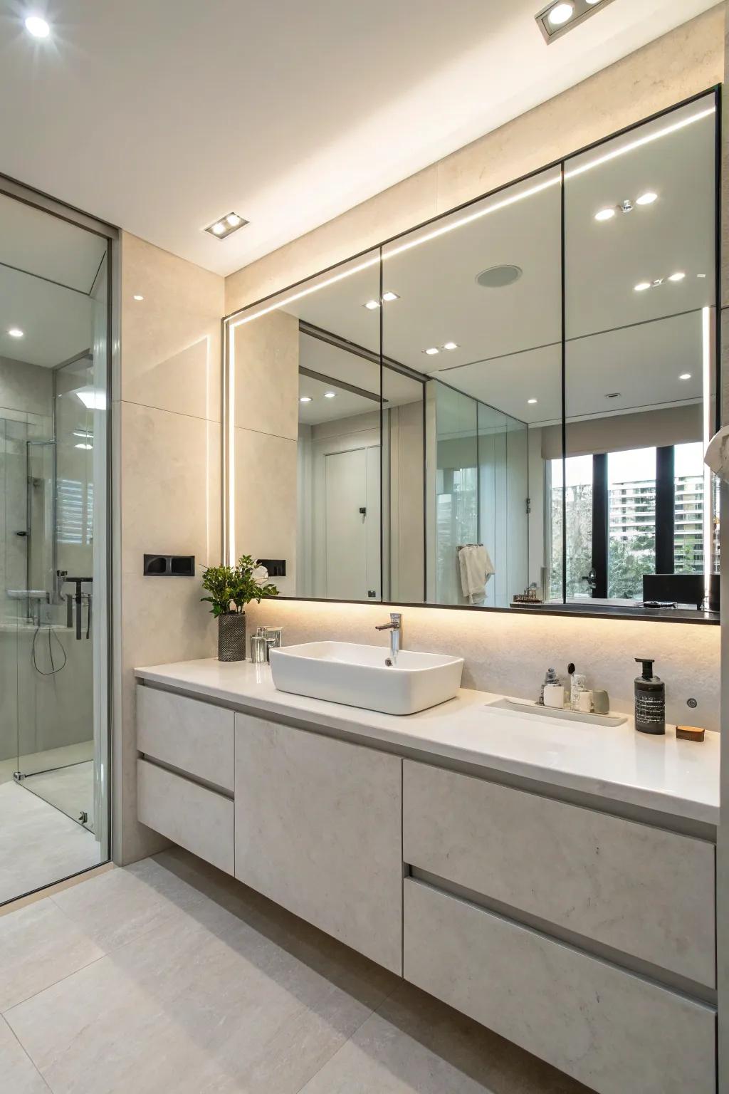 A generous mirrored cabinet effortlessly integrated into a modern bathroom.