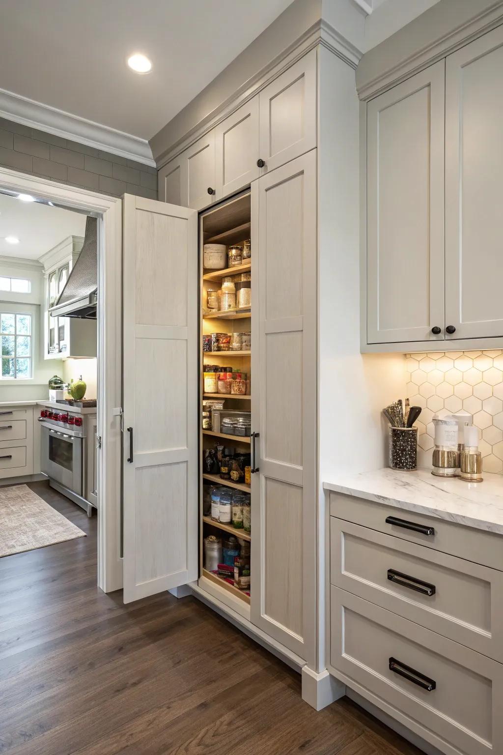 A hidden pantry ingeniously masked behind matching cabinet doors.