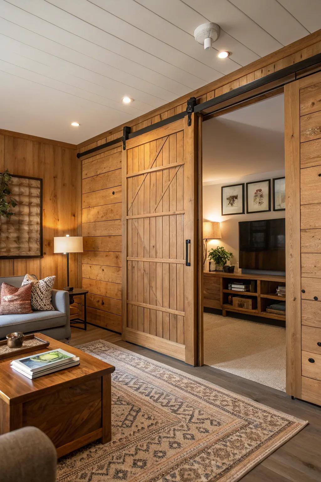 Merge doors seamlessly with wood surfaces for a cohesive, natural ambiance.