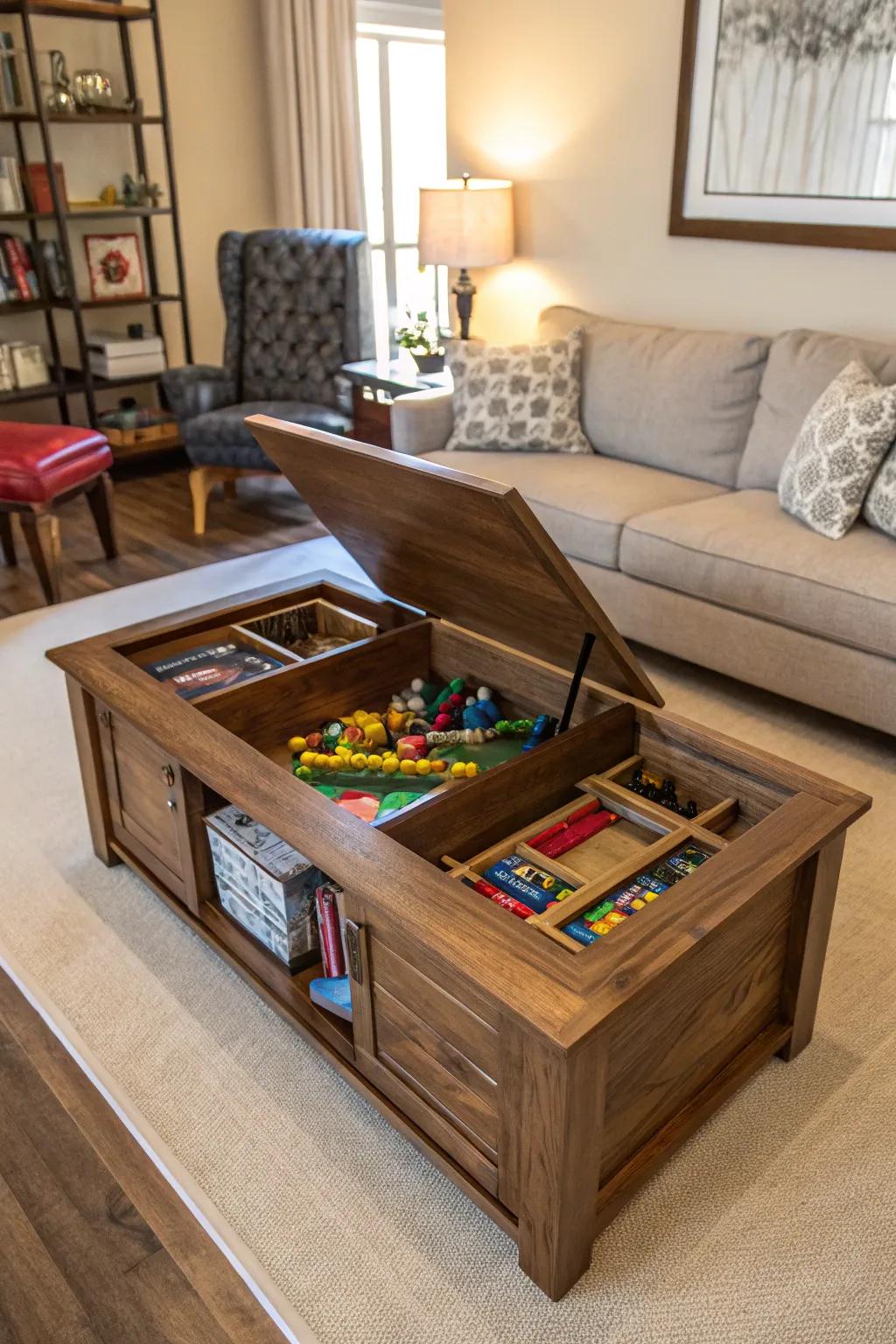 A coffee table featuring discreet storage for toys.