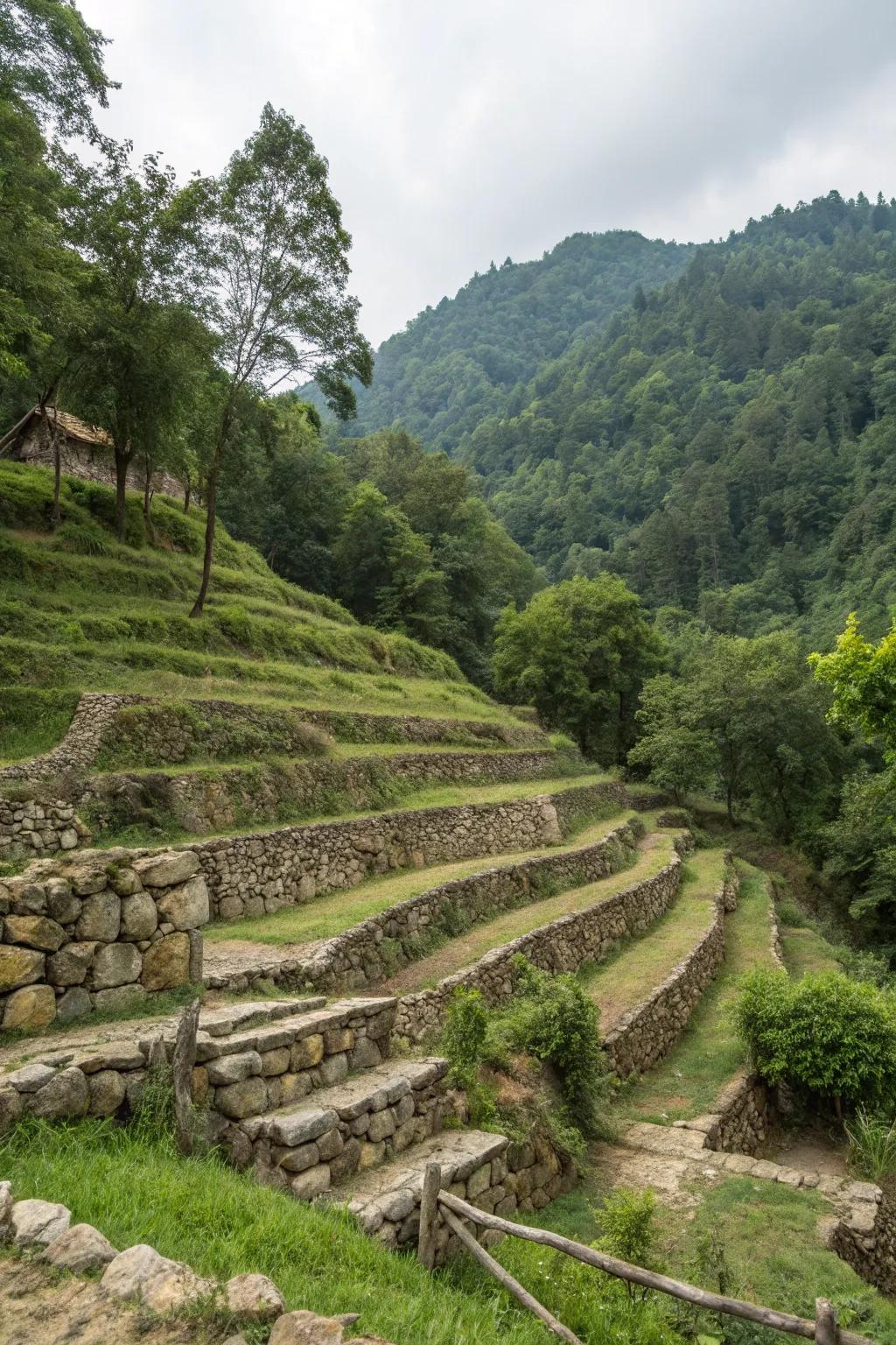 Earthy elements like stones and logs can fashion eye-catching tiers on a hillside.