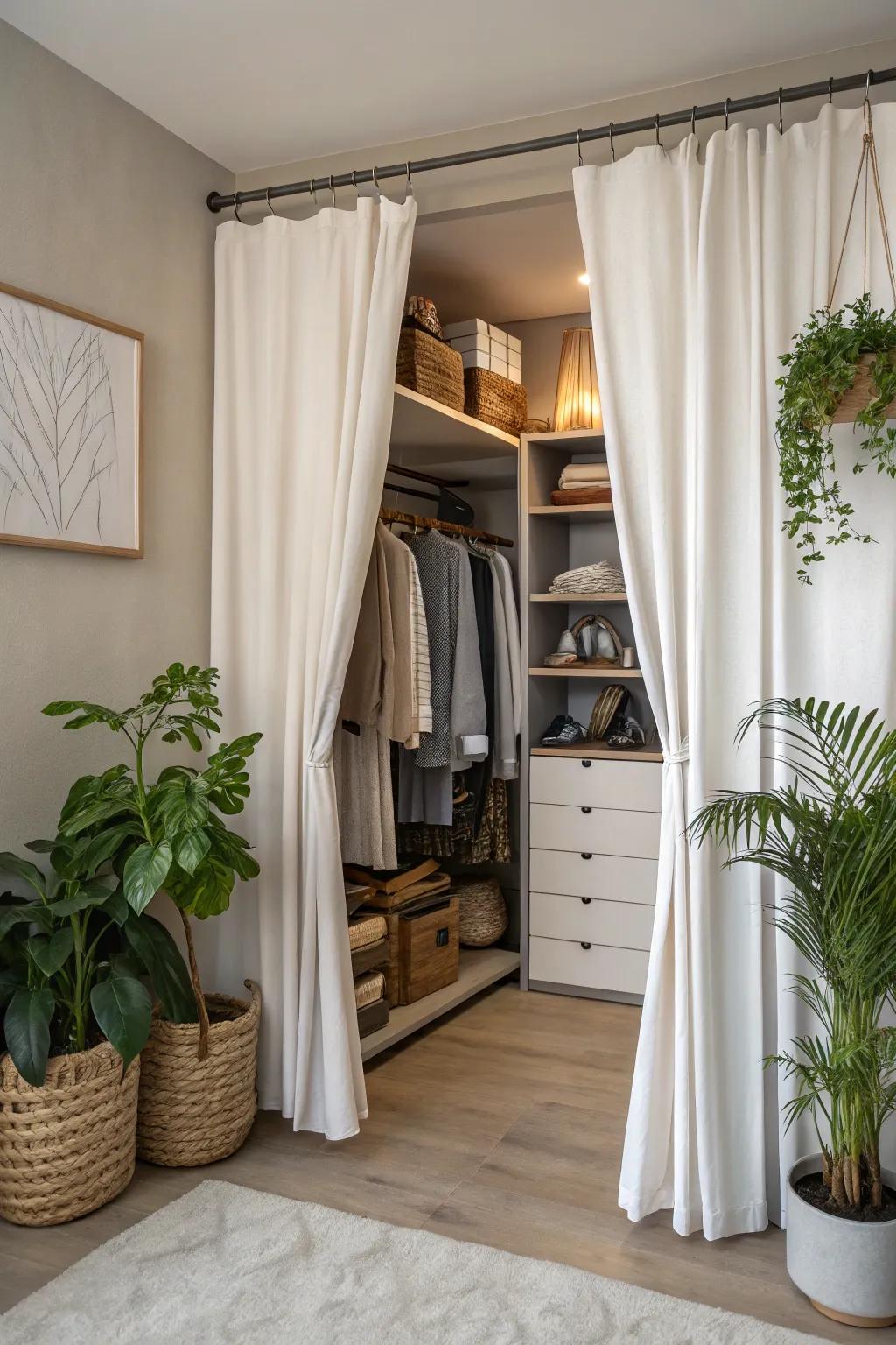 A soft drape creates a fashionable division in a shared closet.