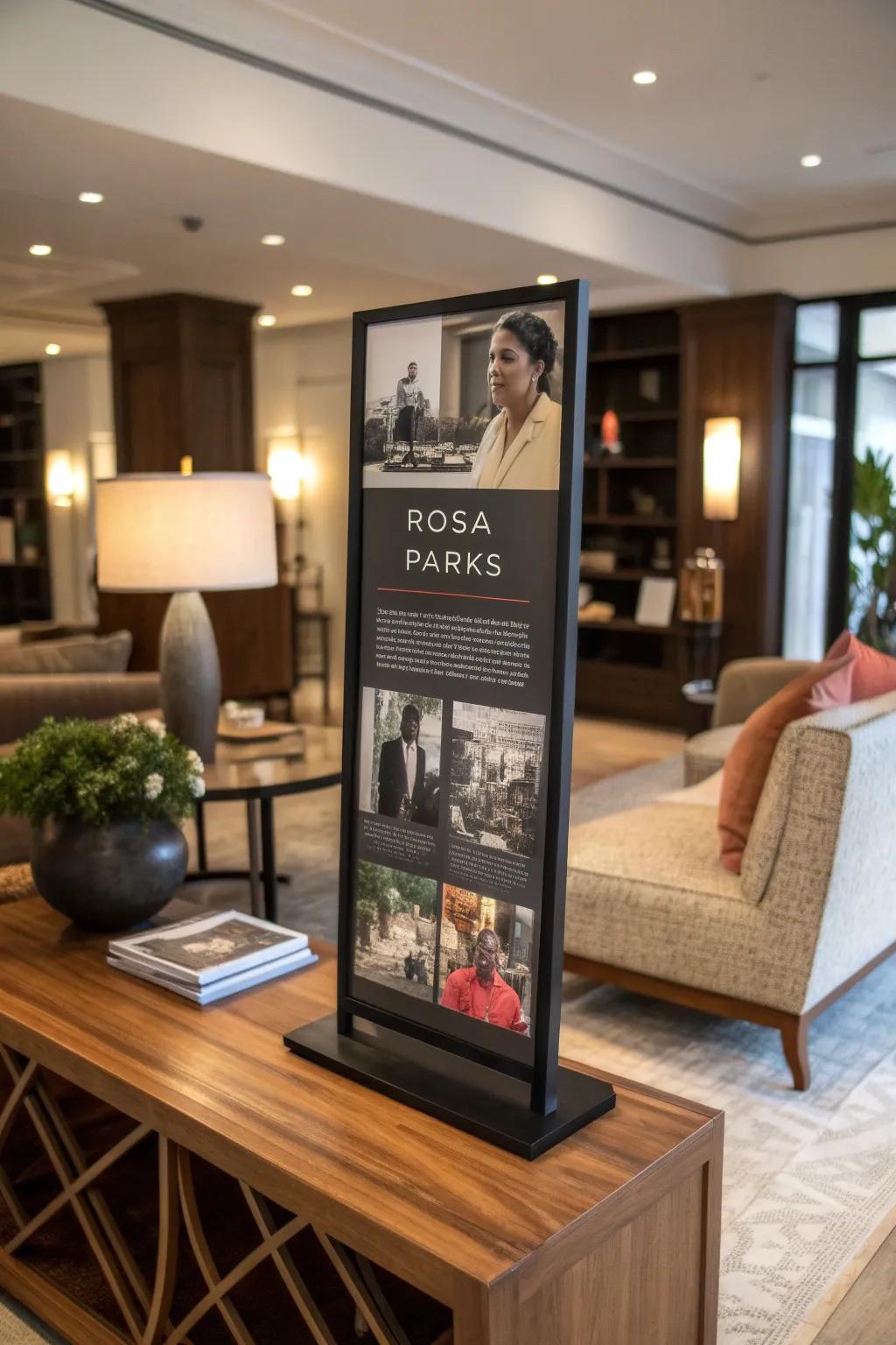 A display board honoring a historical figure, bringing a sense of depth to a contemporary living space.