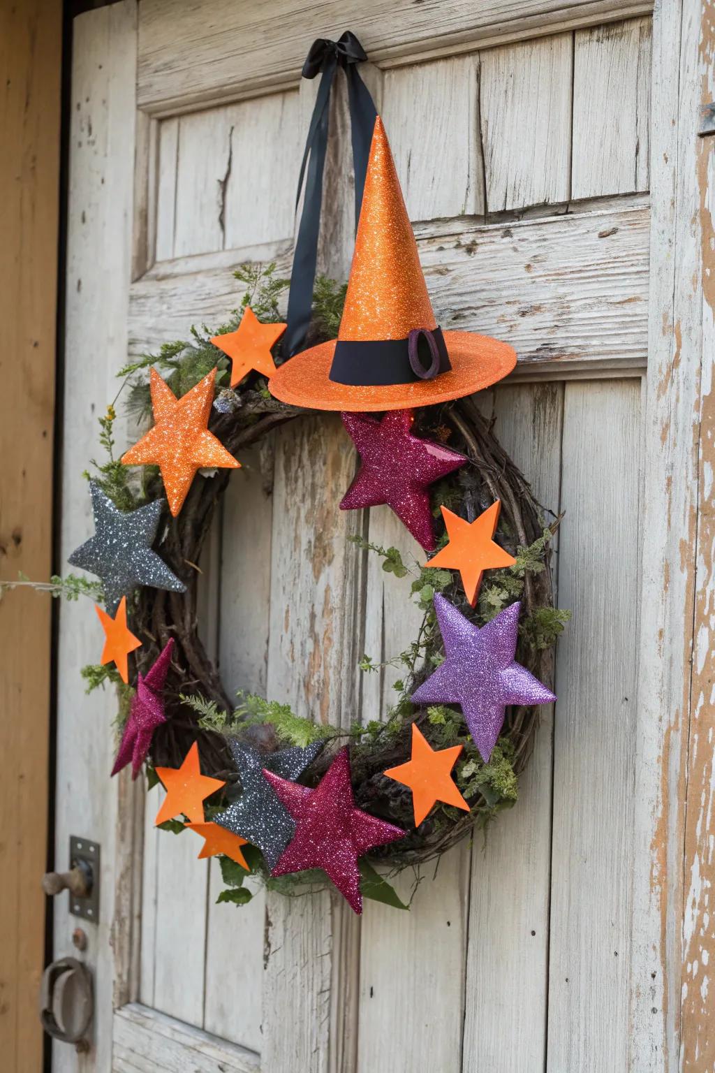 A whimsical wreath featuring sorceress hats, ideal for casting spells.