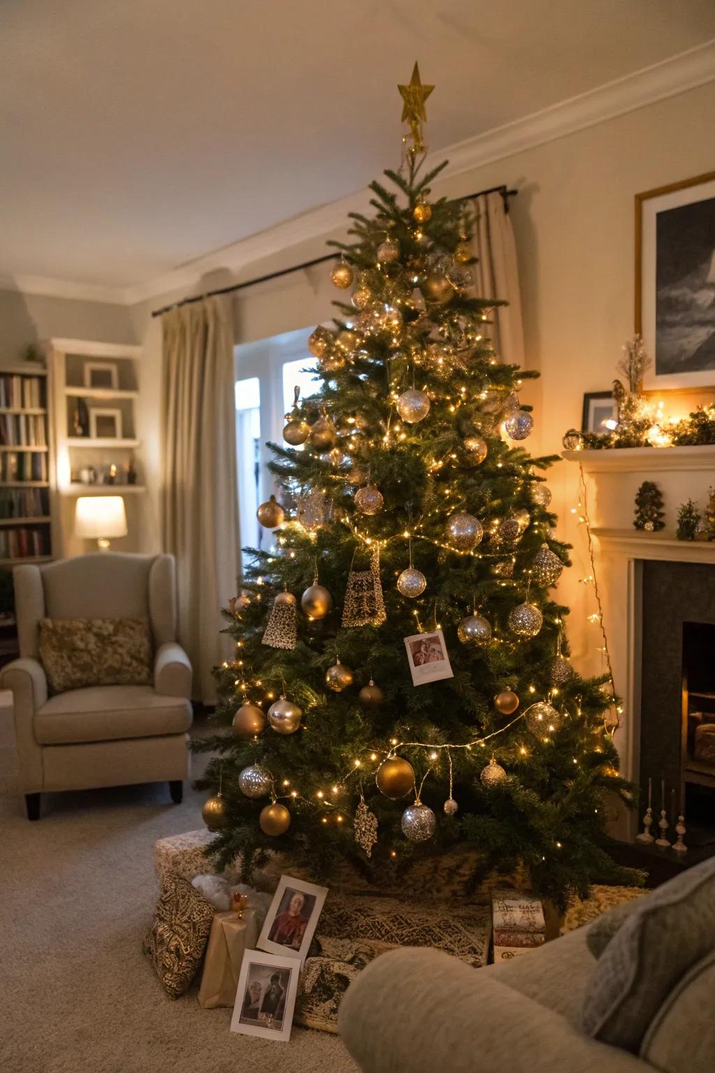 A centerpiece tree lavishly decorated with gleaming ornaments and cherished mementos.