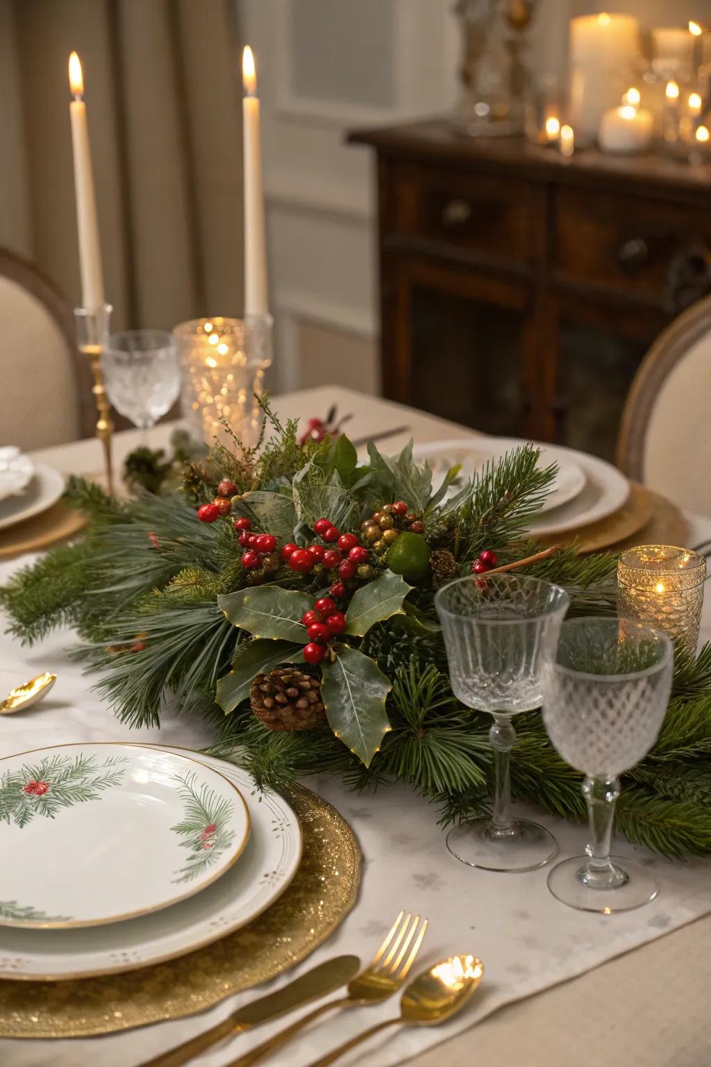 Bring in natural elements like holly and pine branches for a festive feel.