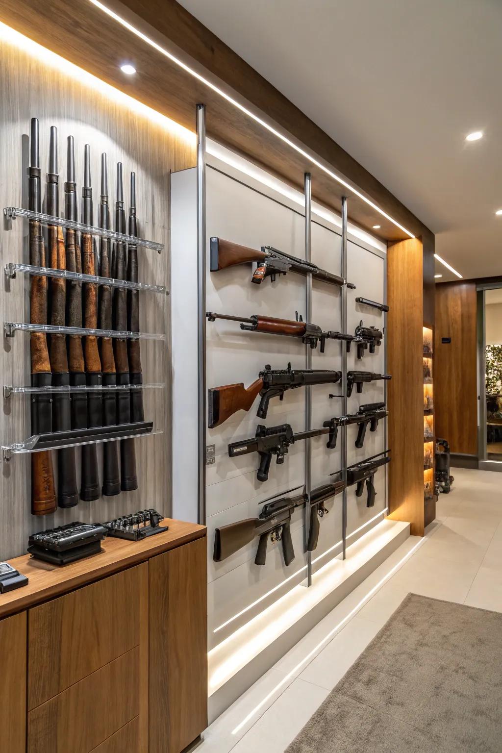 Convert your firearm collection into a display using wall-mounted racks.