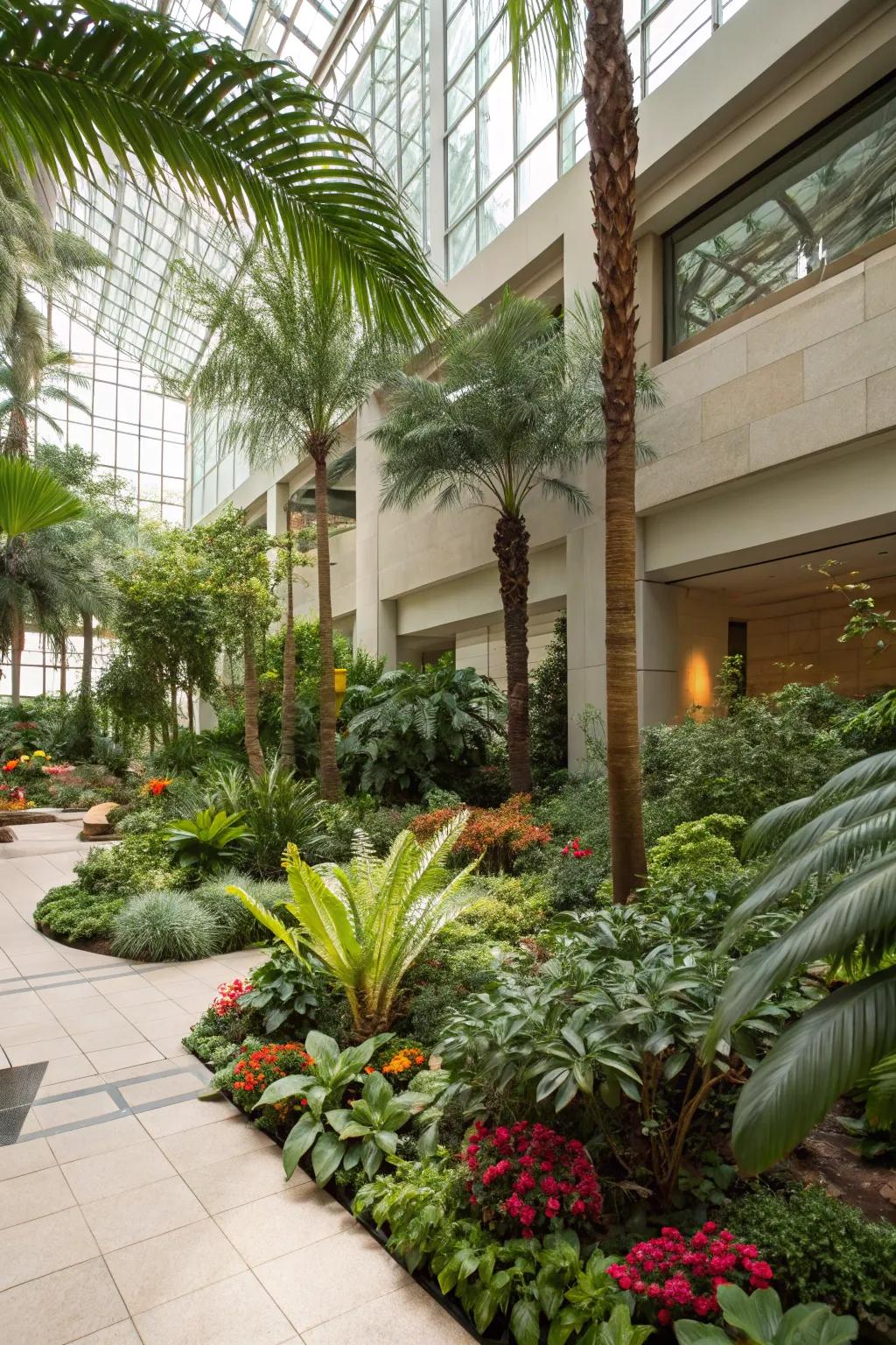 An indoor garden atrium with lush greenery and ample natural light.