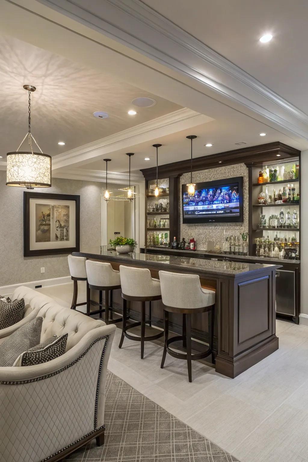 A TV placed perfectly above the bar offers a great viewing experience.