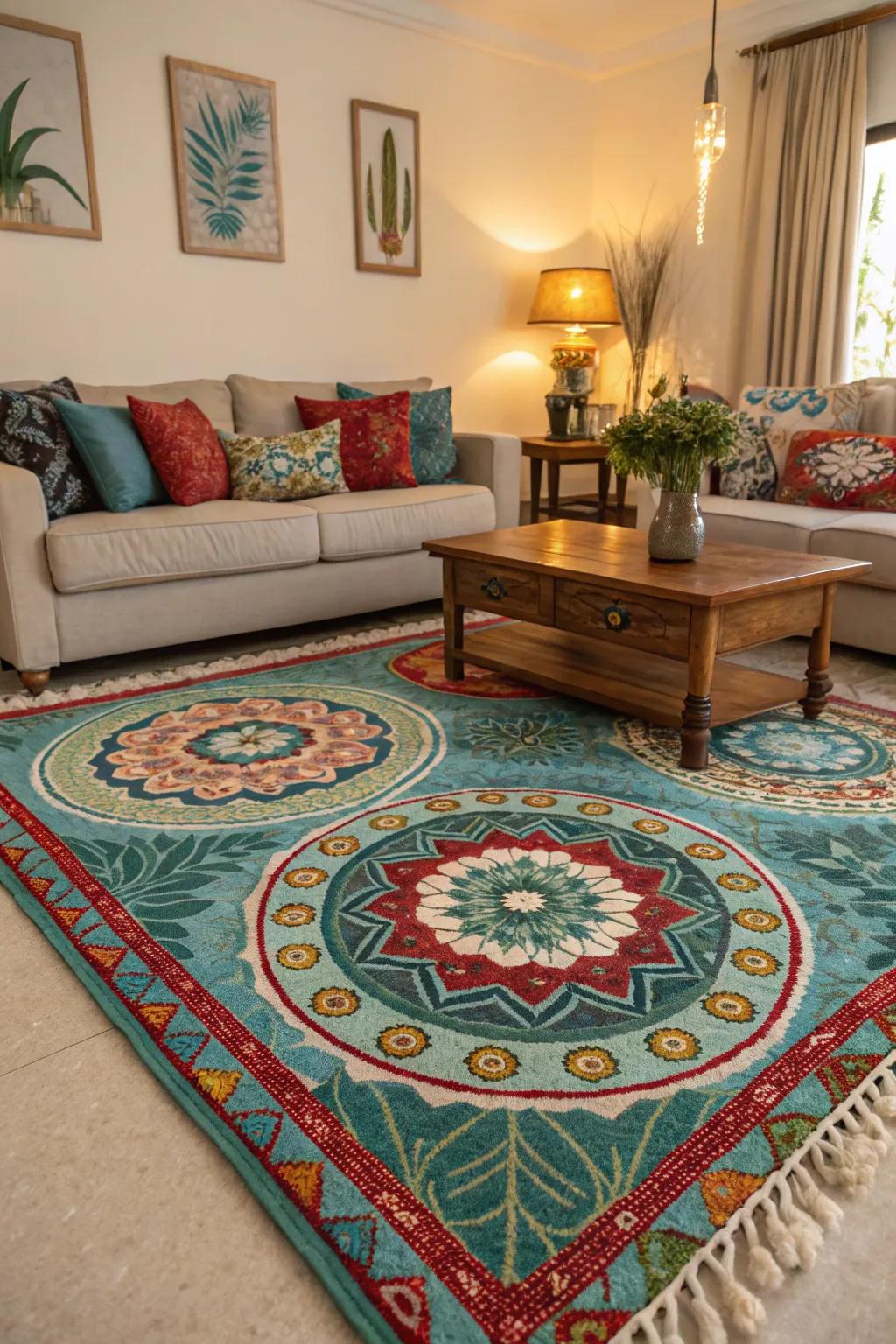 A striking floor covering is a focal point, contributing vibrancy and warmth.