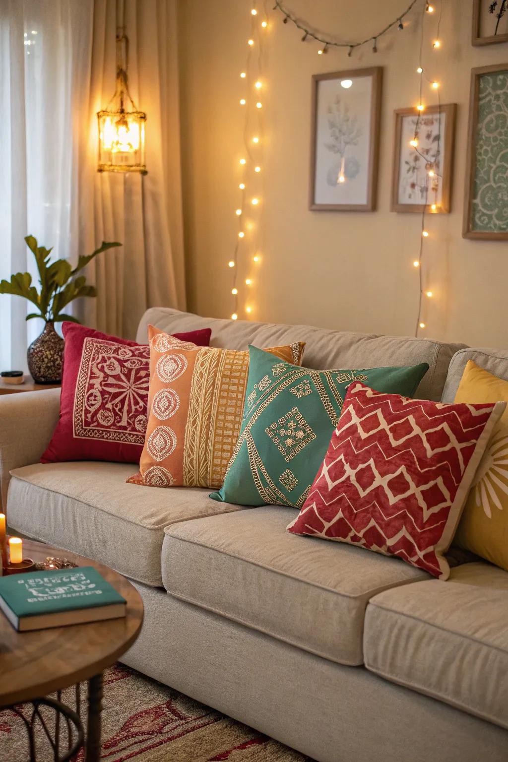 A cozy couch featuring personalized throw pillows, lending a sense of comfort and unique style.