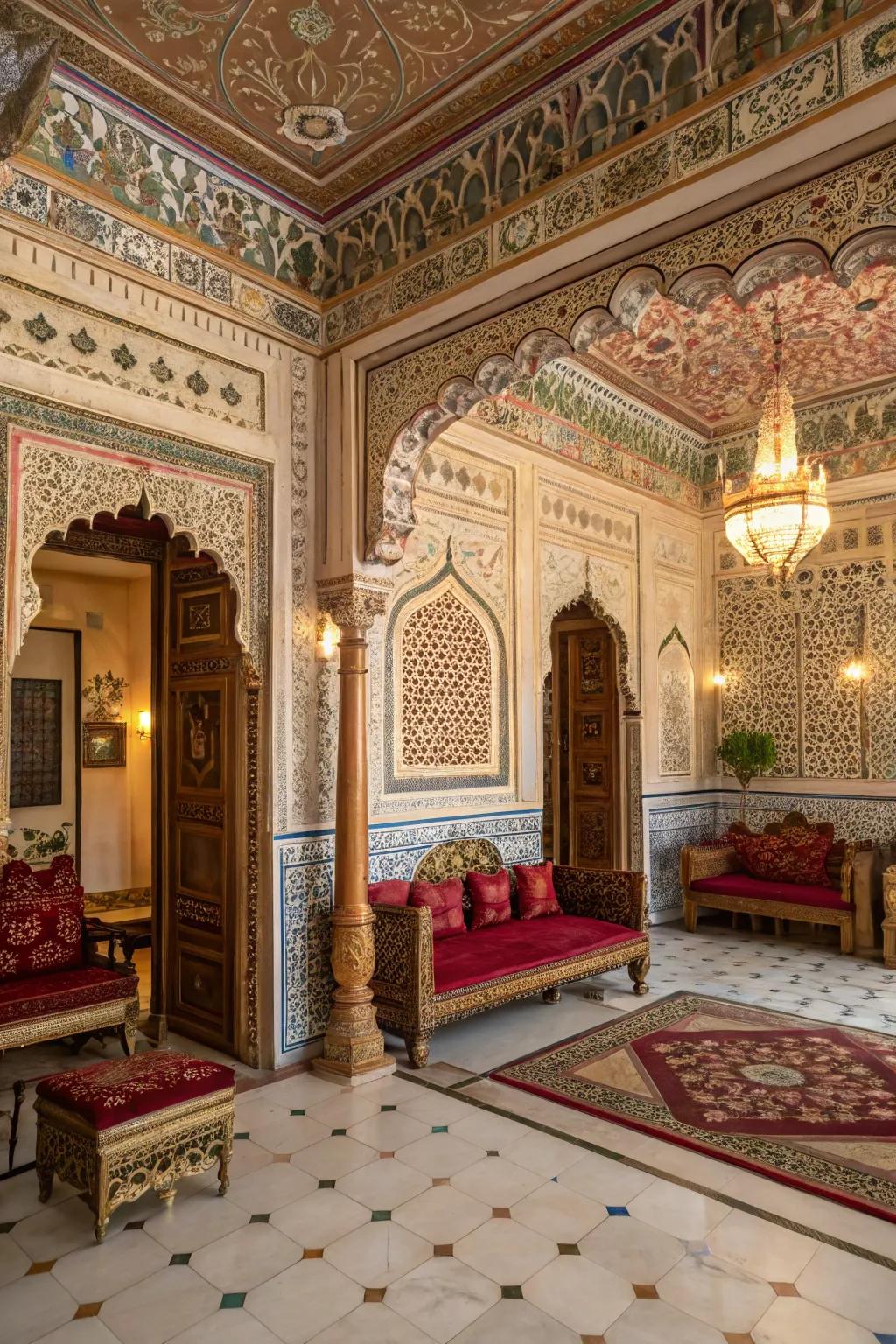 An exquisite room featuring Mughal-inspired designs