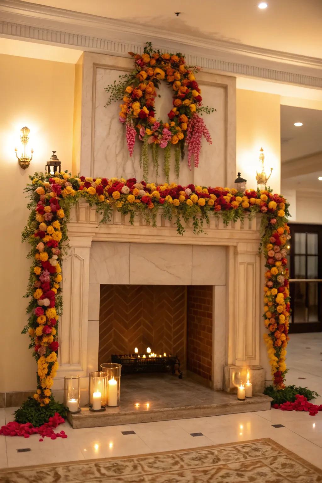 Radiant floral strands transform a simple fireplace into a captivating focal point.