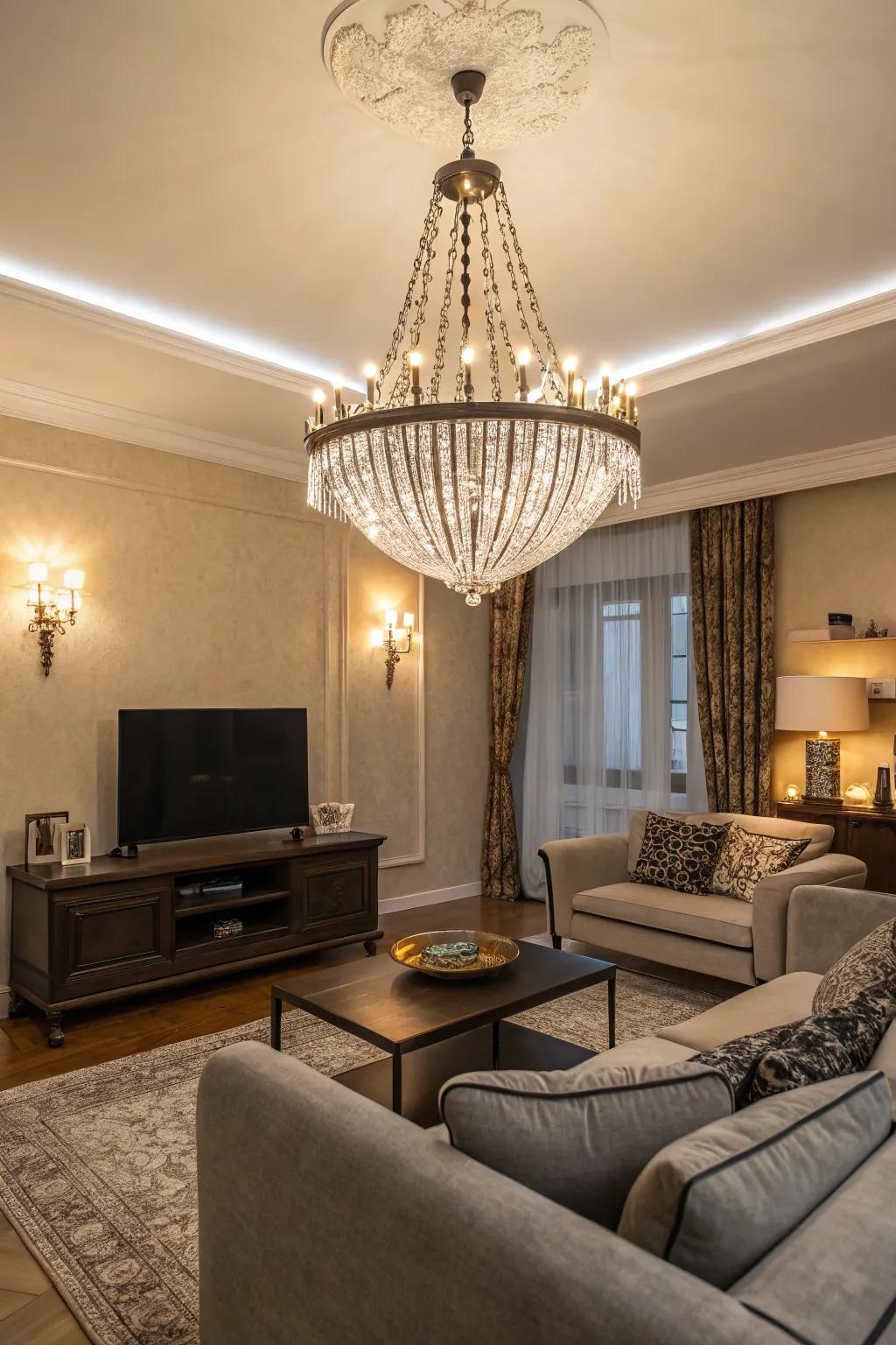 Chandeliers become the point of focus in living rooms.