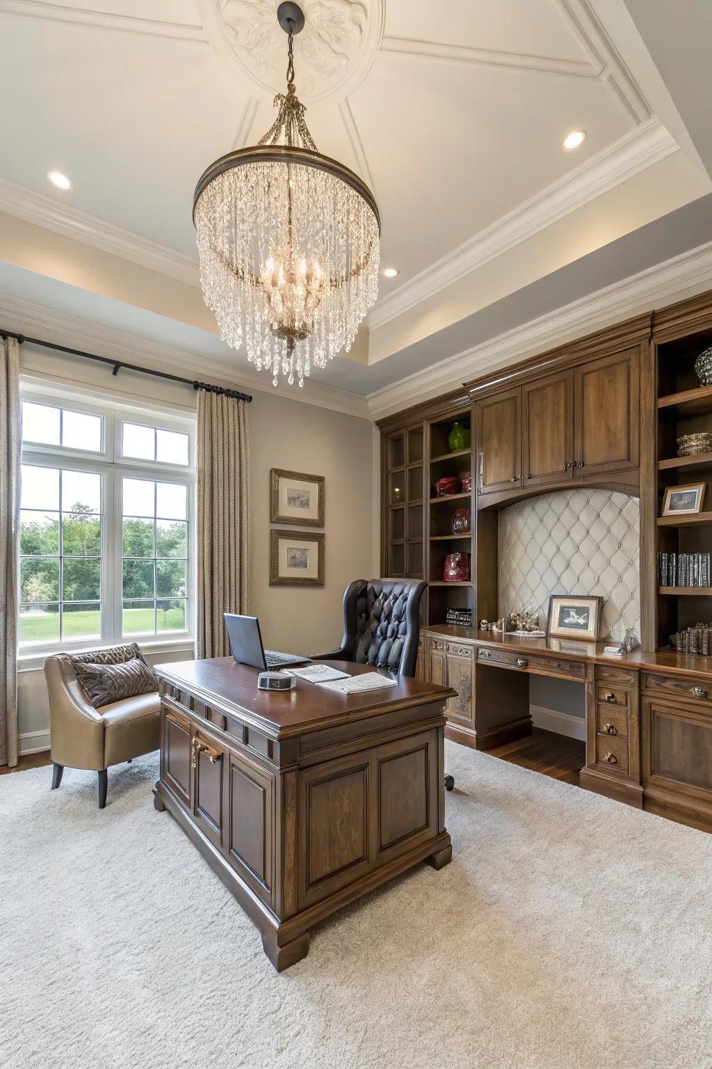 A crystal luminaire enhances the elegance of any home office.