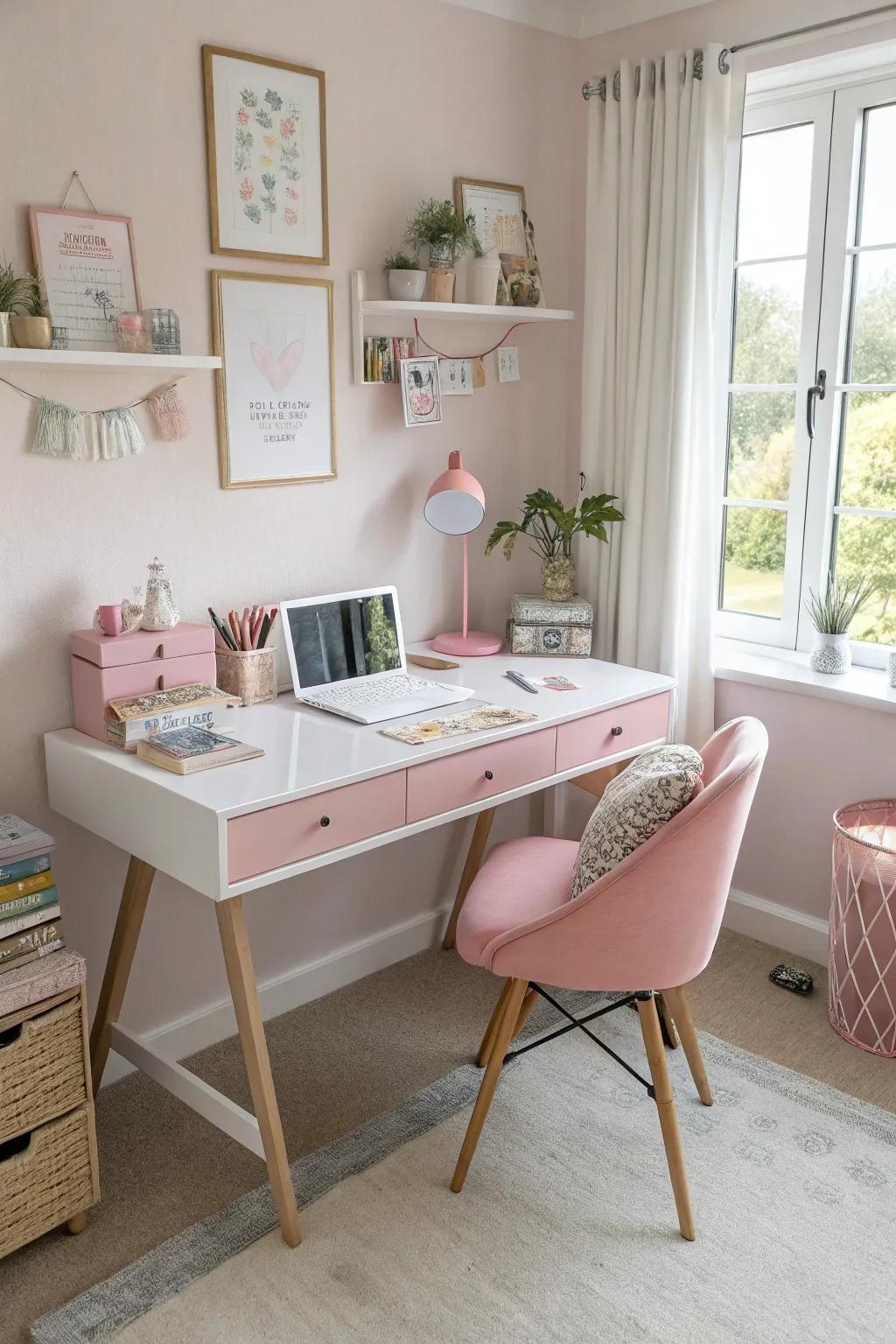 Pastel shades can transform a simple desk into a tranquil and inviting workspace.