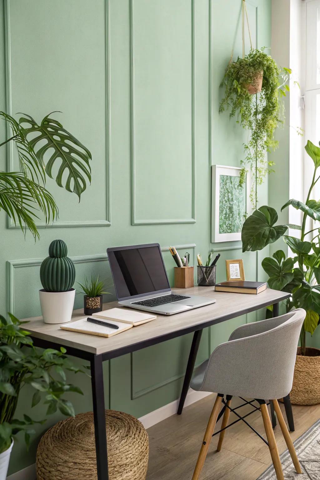A serene, light green home office boosts relaxation and concentration.