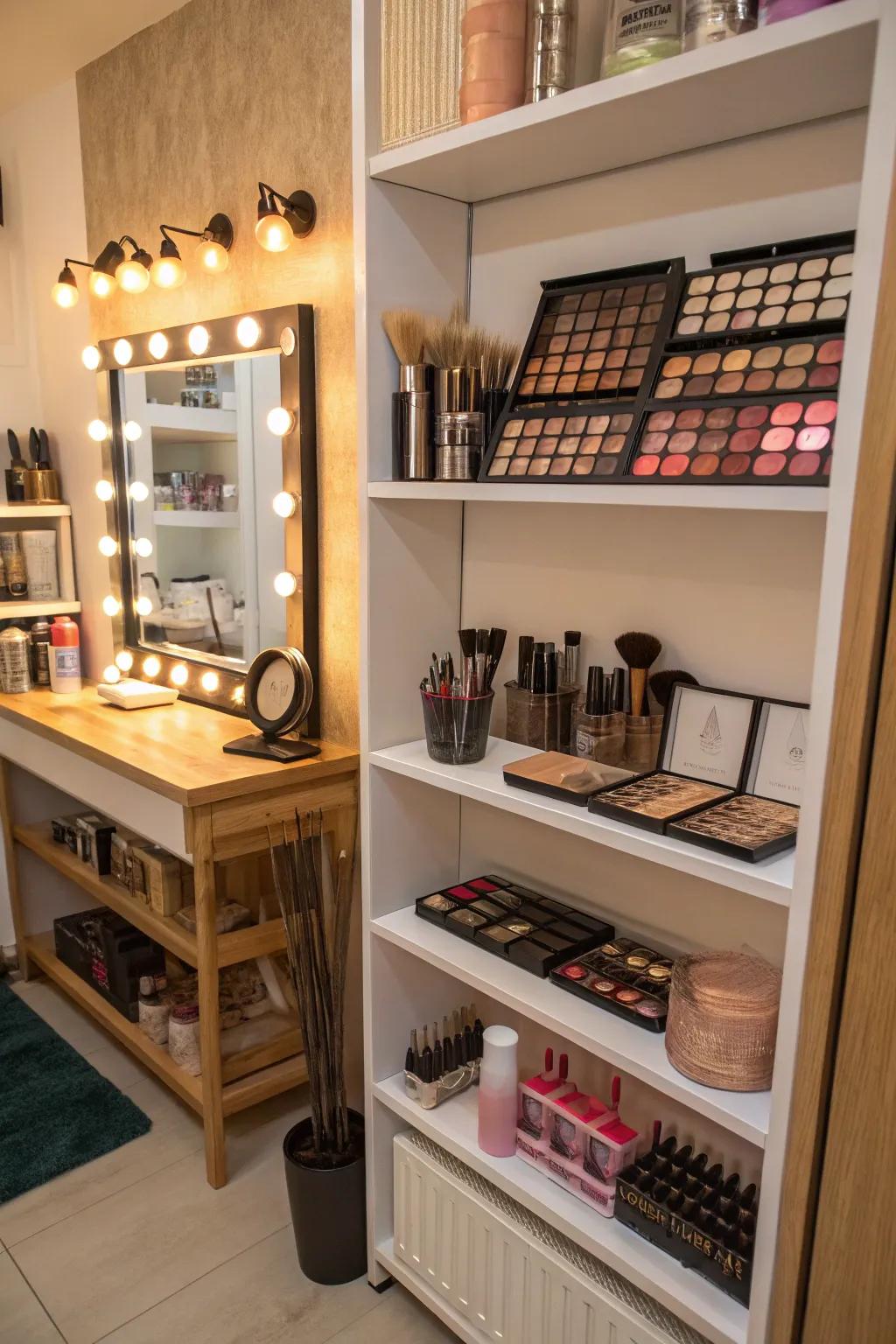 Walls offer fantastic storage and style solutions for a home salon.