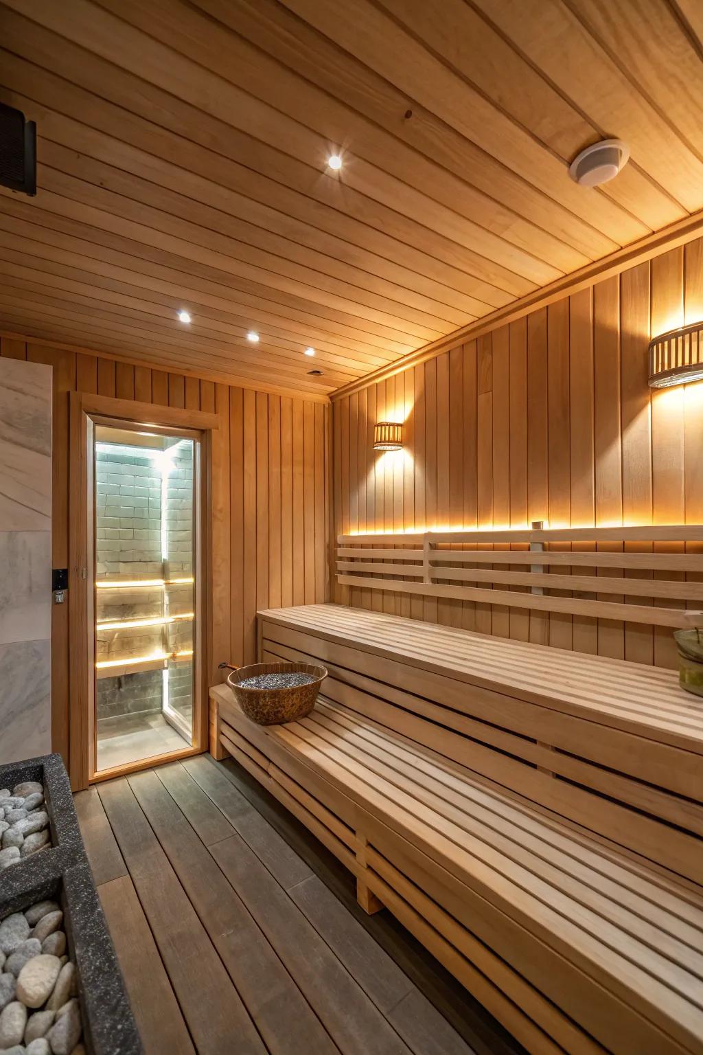 An inviting sauna interior featuring cedar wood, creating a soothing, warm environment.