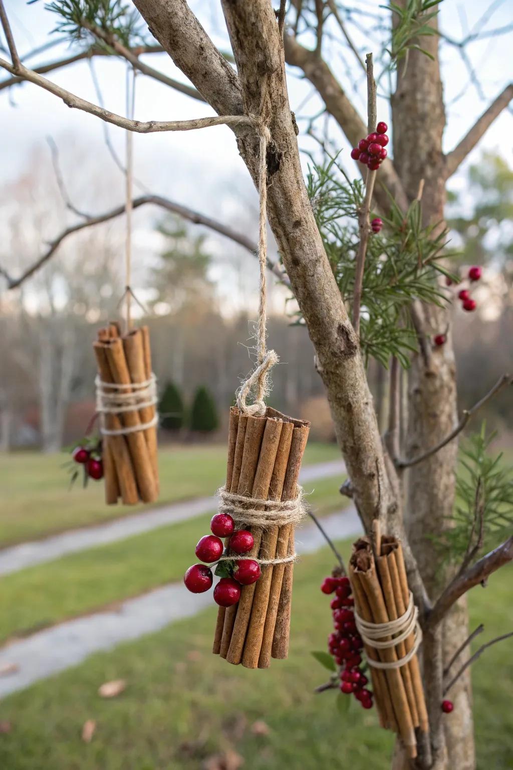 Rustic timber length ornaments bringing a cozy element to the tree.