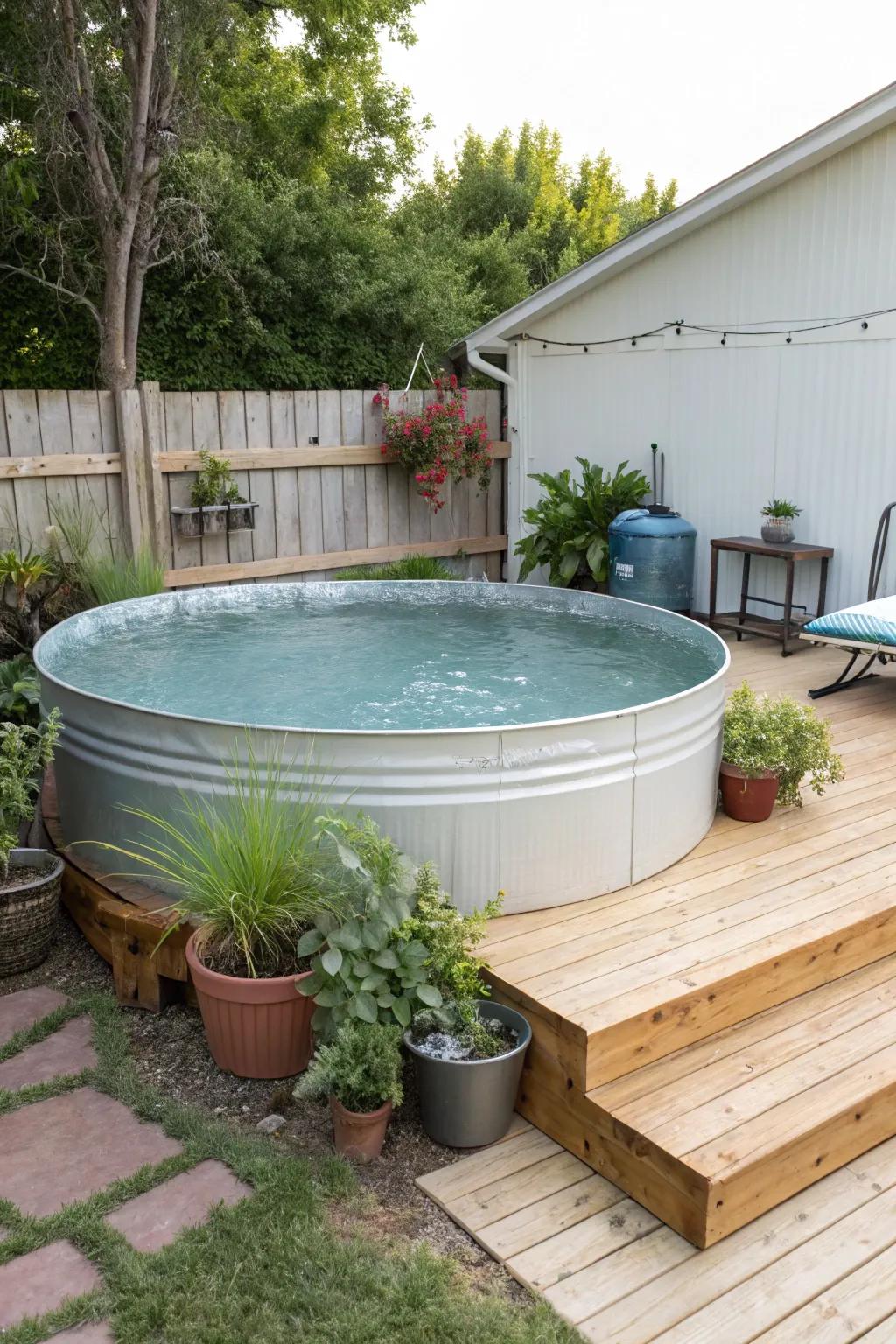 A typical water trough pool arrangement enhanced with plants and a welcoming deck.