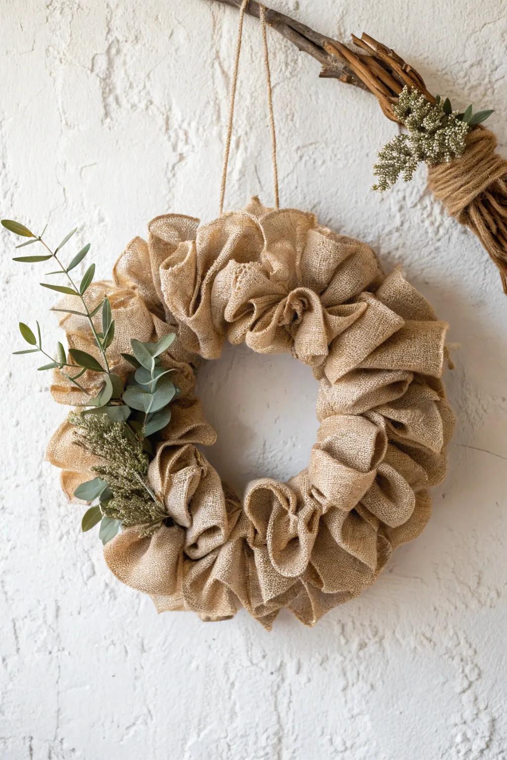 Bring rustic charm to your space with this handmade burlap and jute wreath.