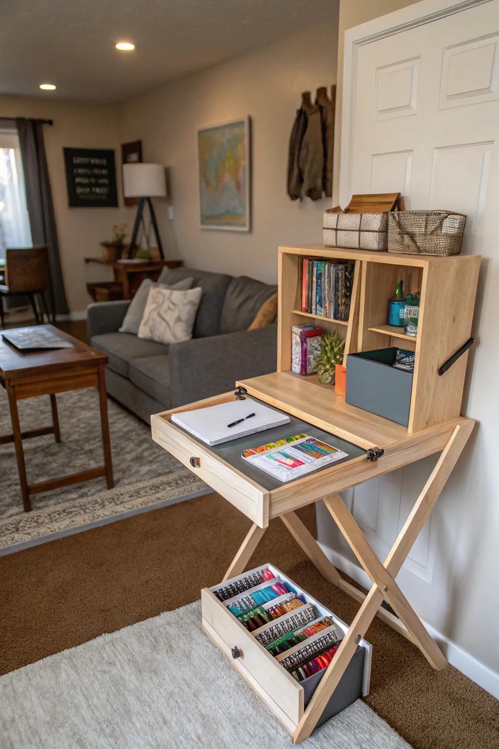 Multi-functional furniture helps maintain a tidy and efficient homeschool environment.