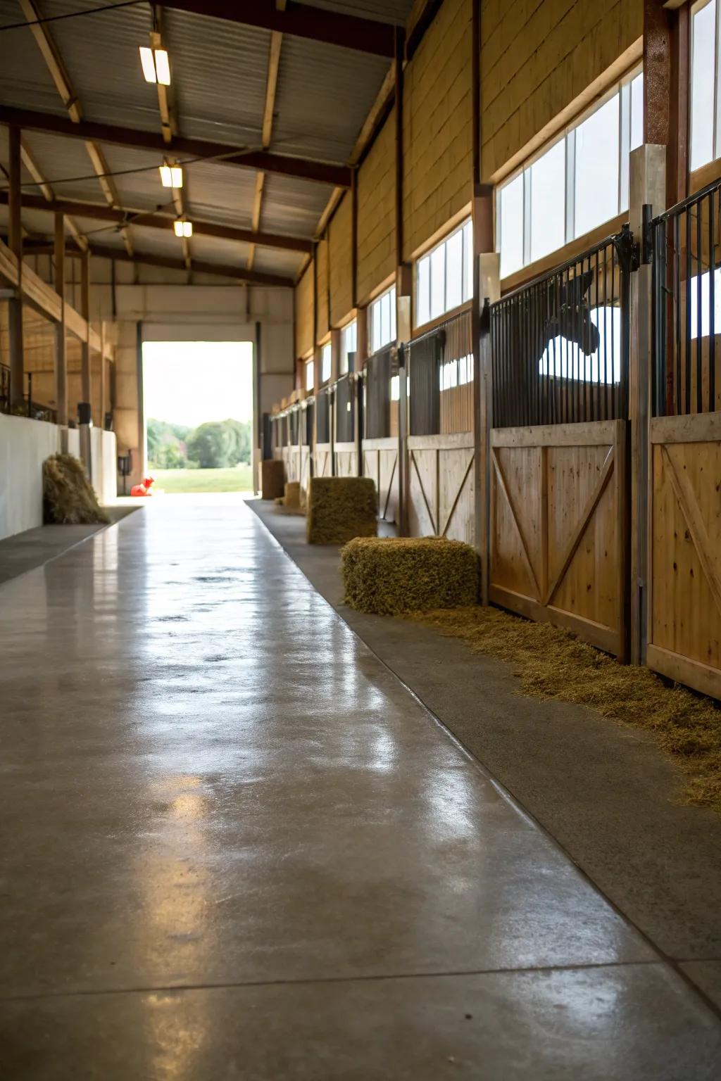 Concrete flooring is a refined and tough selection for barn passageways, preferred for its endurance.