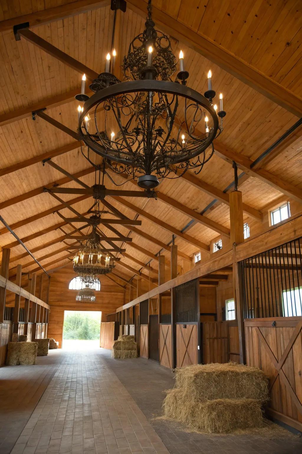 A rustic chandelier brings grace and appeal to the barn's interior.