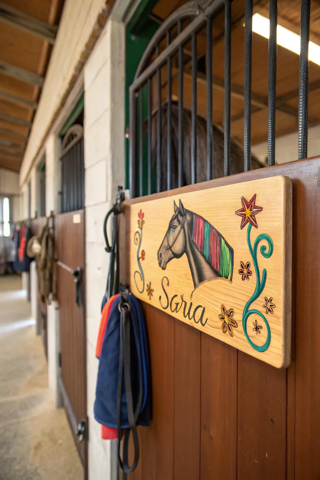 A customized wood marker for a horse's stable.