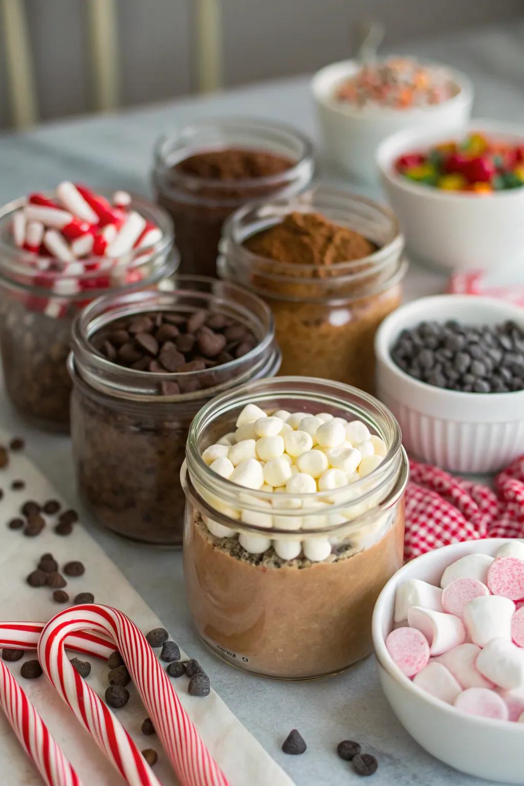 An array of toppings for customizing your chocolate elixir.