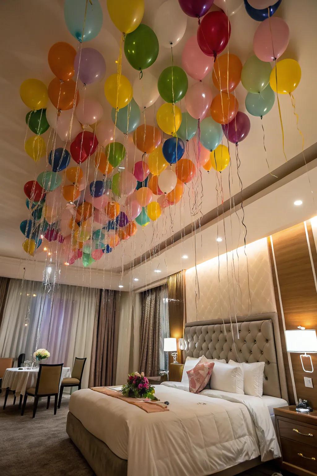 Wake up to an enchanting ceiling of buoyant balloons.