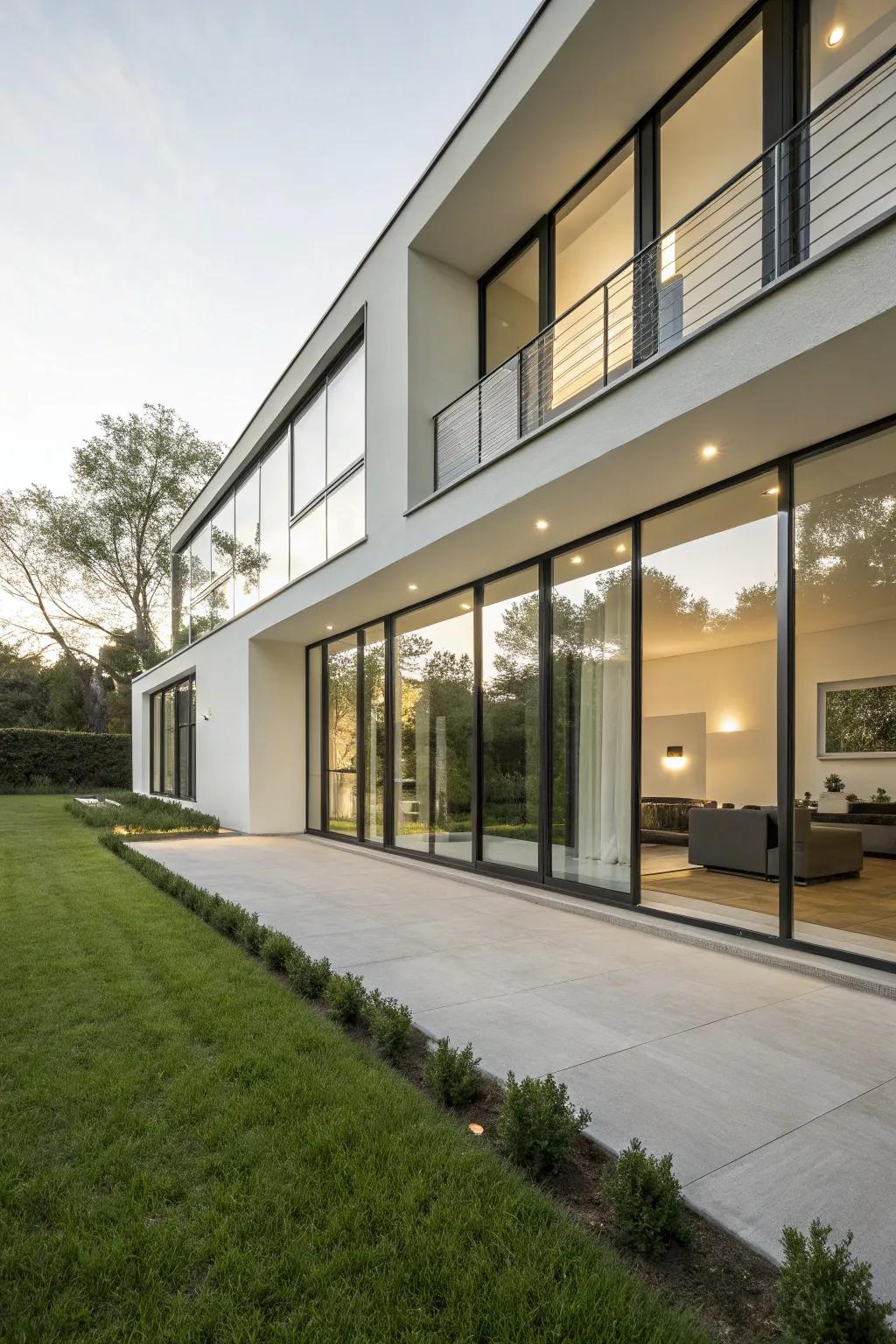 A minimalist facade featuring large windows and clean lines.