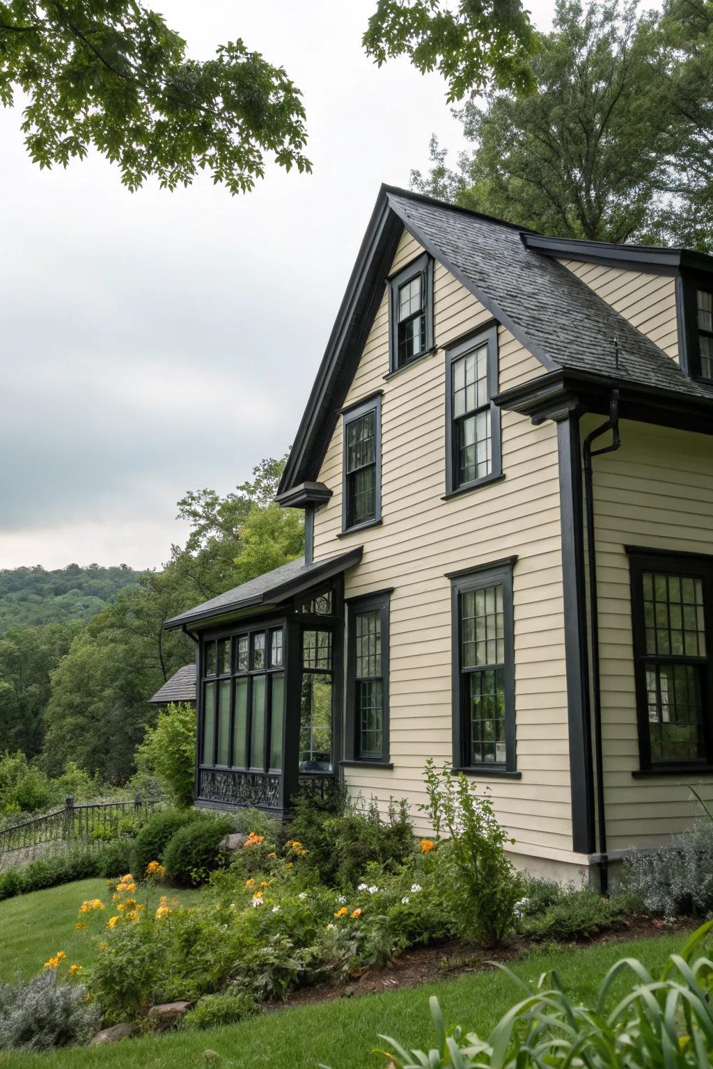 Dark window trim adds character to this adorable house.