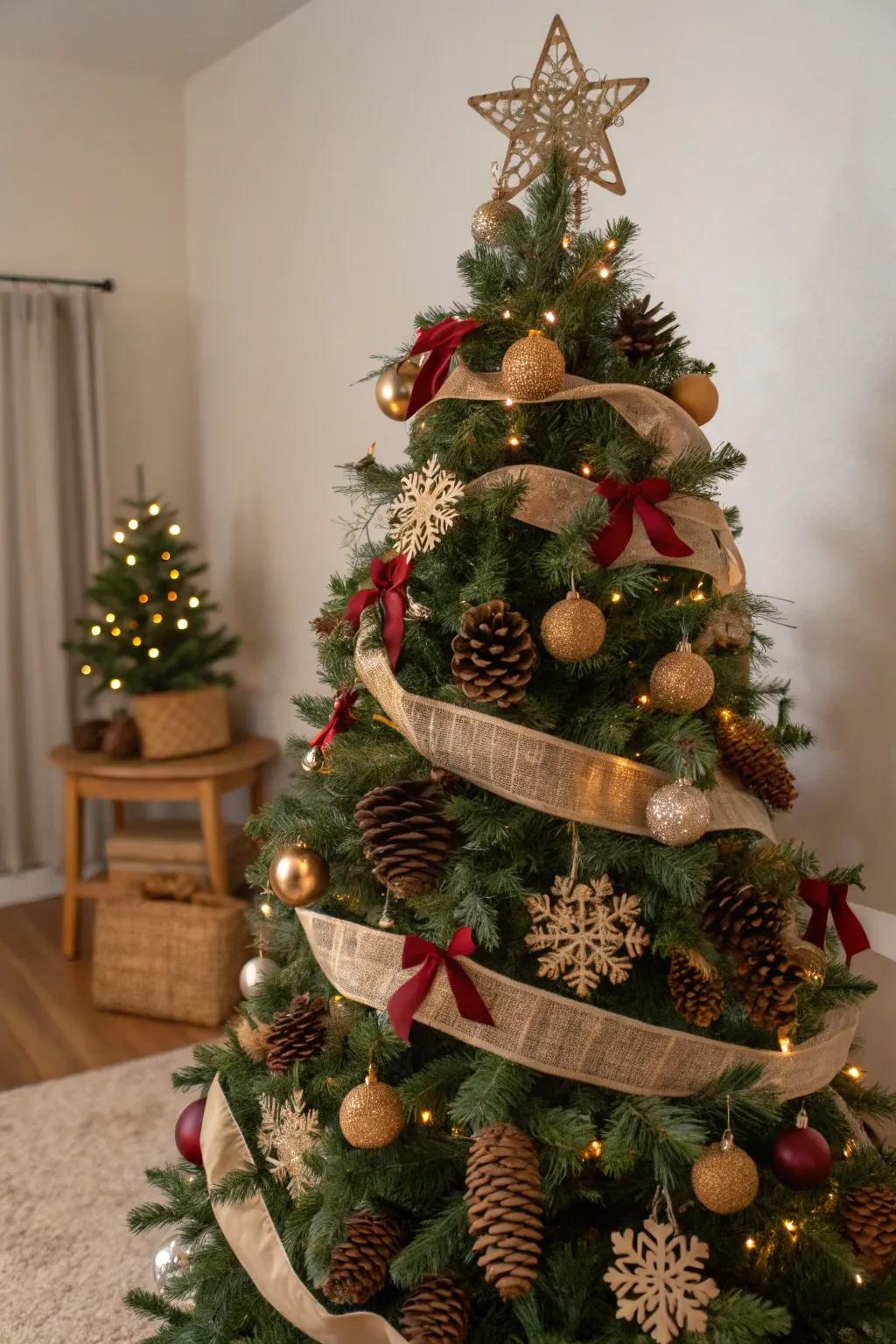 A Christmas tree decorated with natural components such as evergreen cones and fiber bands to give a charmingly aged aesthetic.