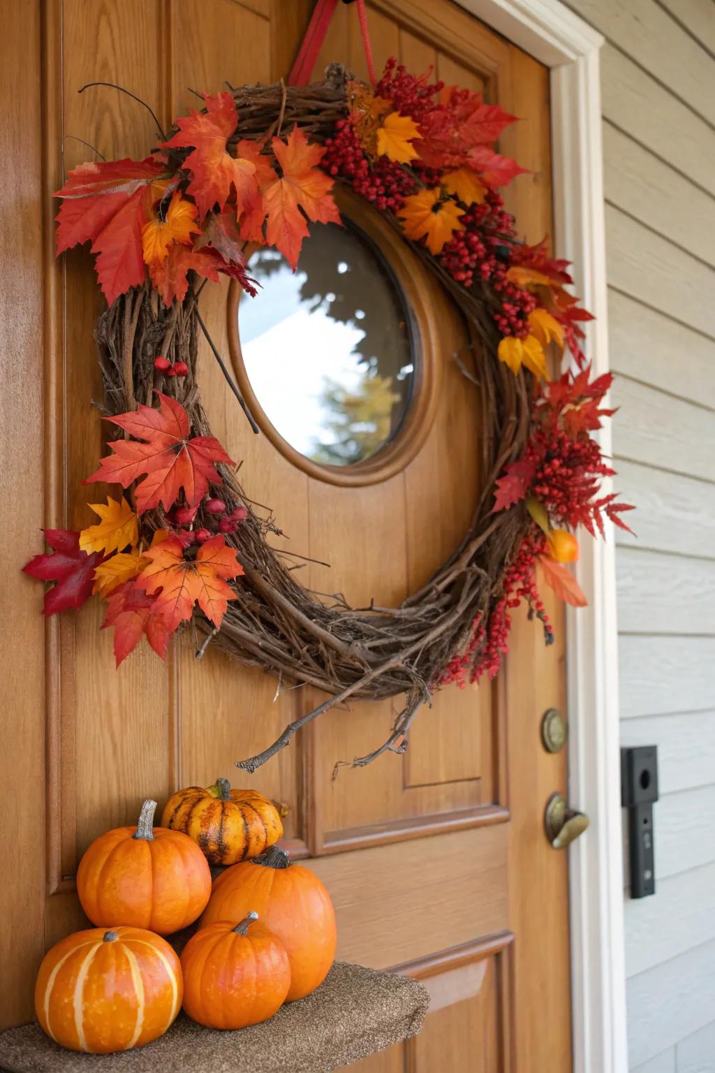 A wreath themed around autumn, showcasing the season's rich hues.