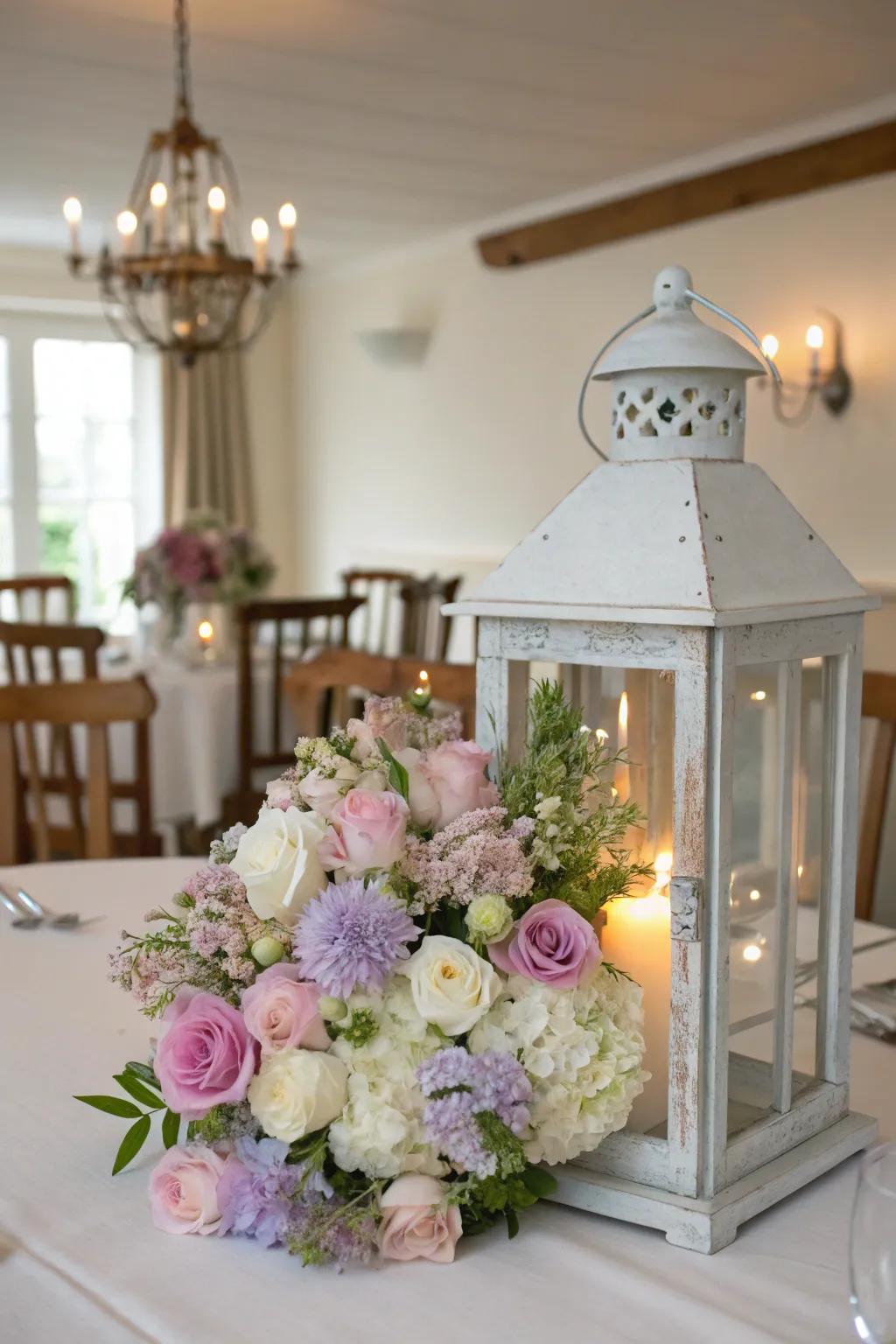 A lovely spring-inspired lantern centerpiece showcasing pastel flowers.