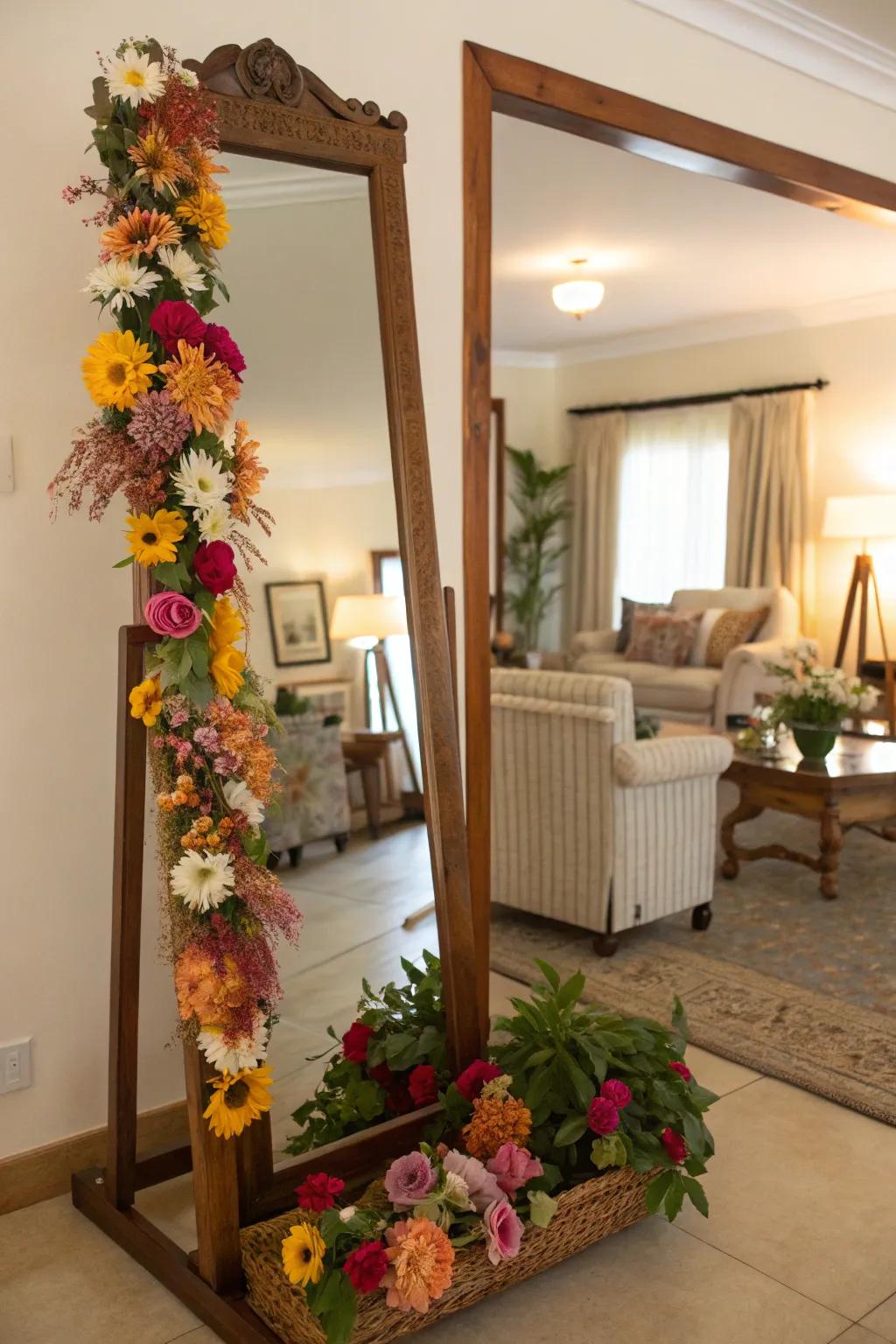 A mirror enhanced with a floral border cultivates a fresh and animated ambiance.