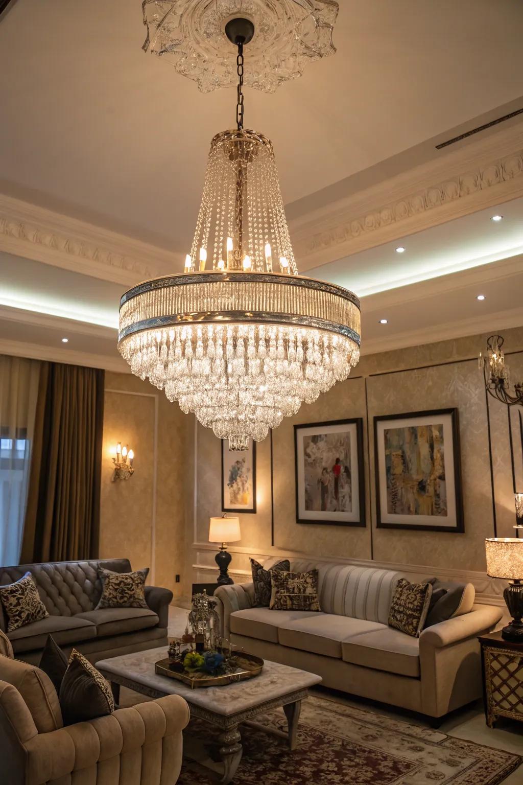 An elegant living space showcasing a striking overhead fixture.