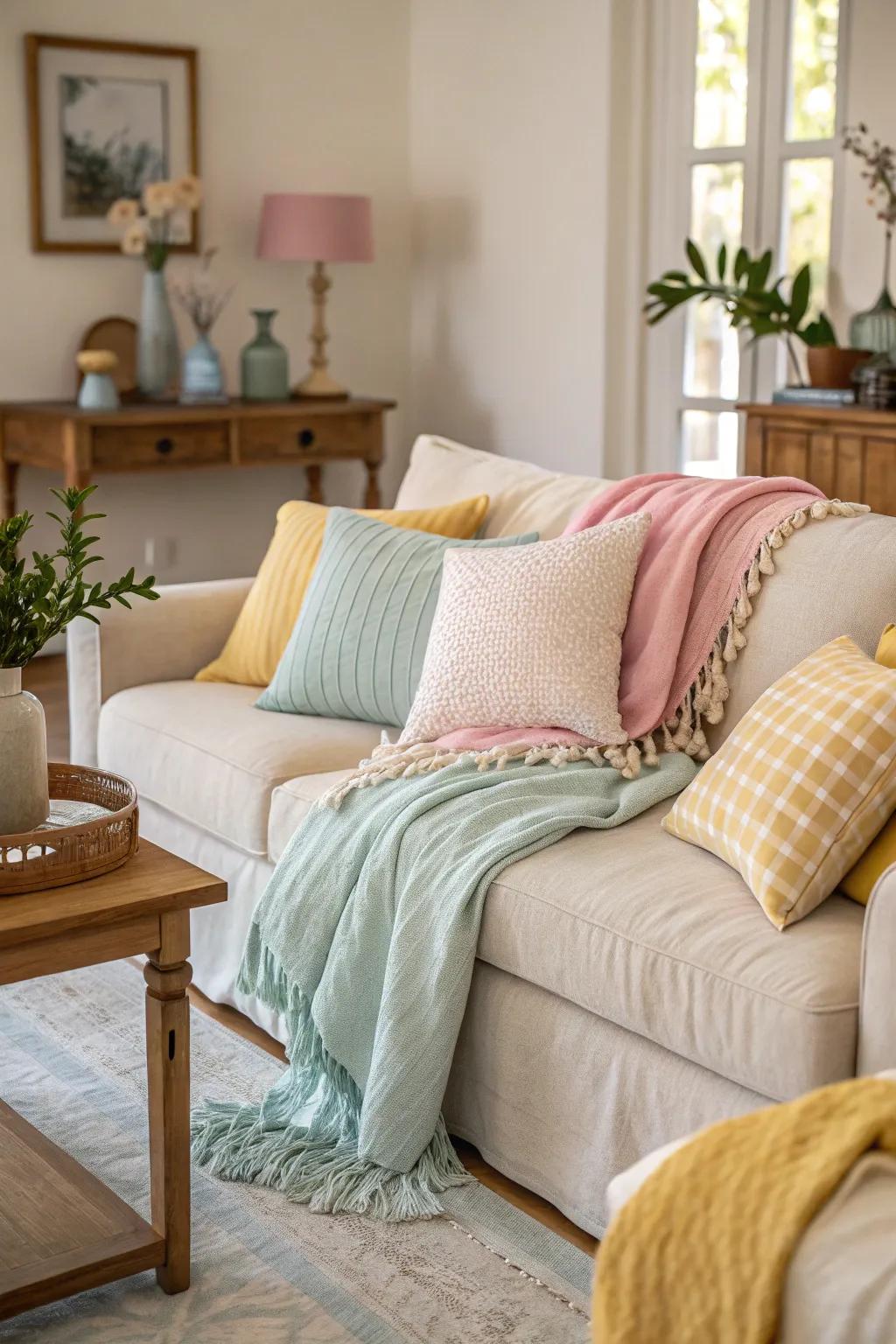 Soft cushions and throws gently whisper 'spring' in this living room.