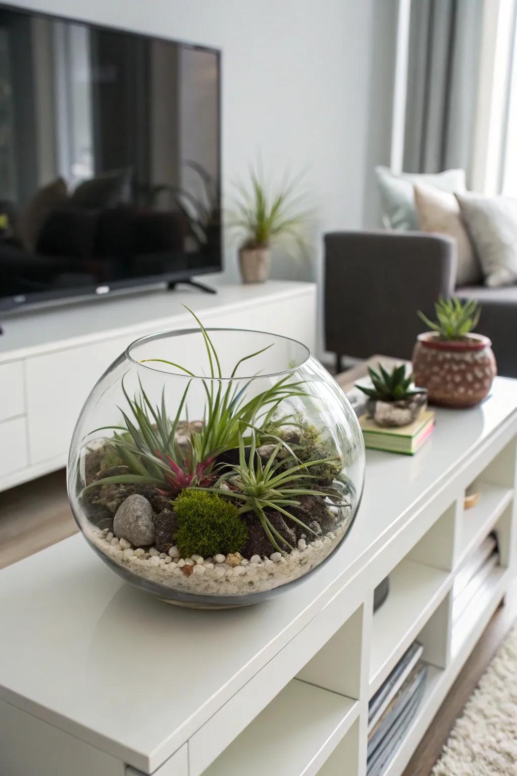 Air plants in a glass terrarium create a simple decor.